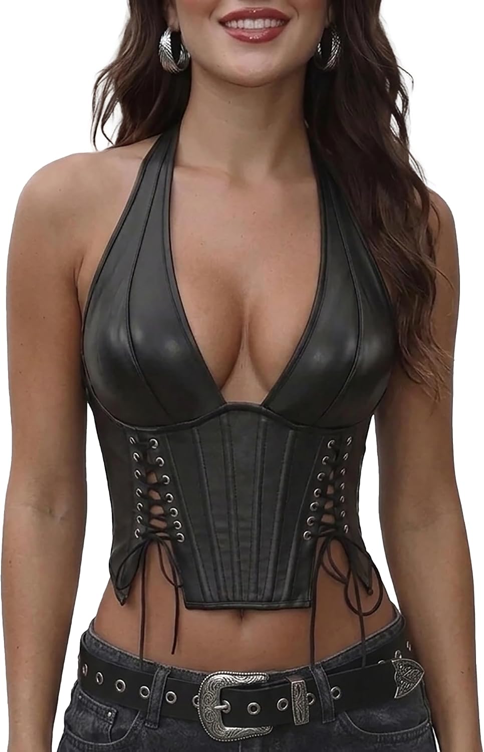 Women's PU Leather Halter Corset Top Deep V Neck Backless Lace Up Bustier Crop Tops Y2K Sexy Party Clubwear