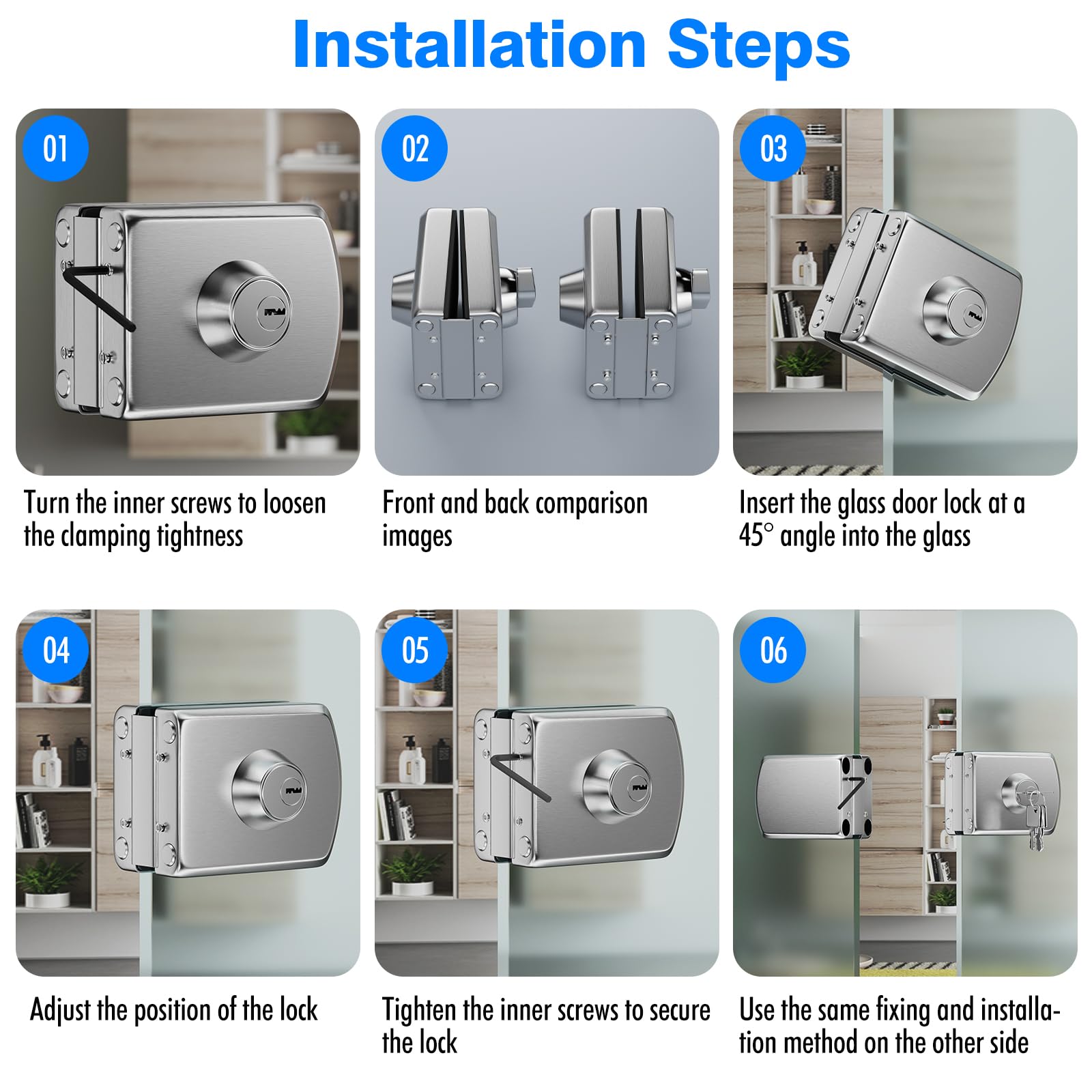 Serrure pour Porte en Verre Sans Perçage en Acier Inoxydable 304, Finition Nickel Brossé, Double Verrouillage Clé et Bouton, Sécurité Renforcée pour Verre Trempé 10–12 mm, Maison Bureau Salle de Bain