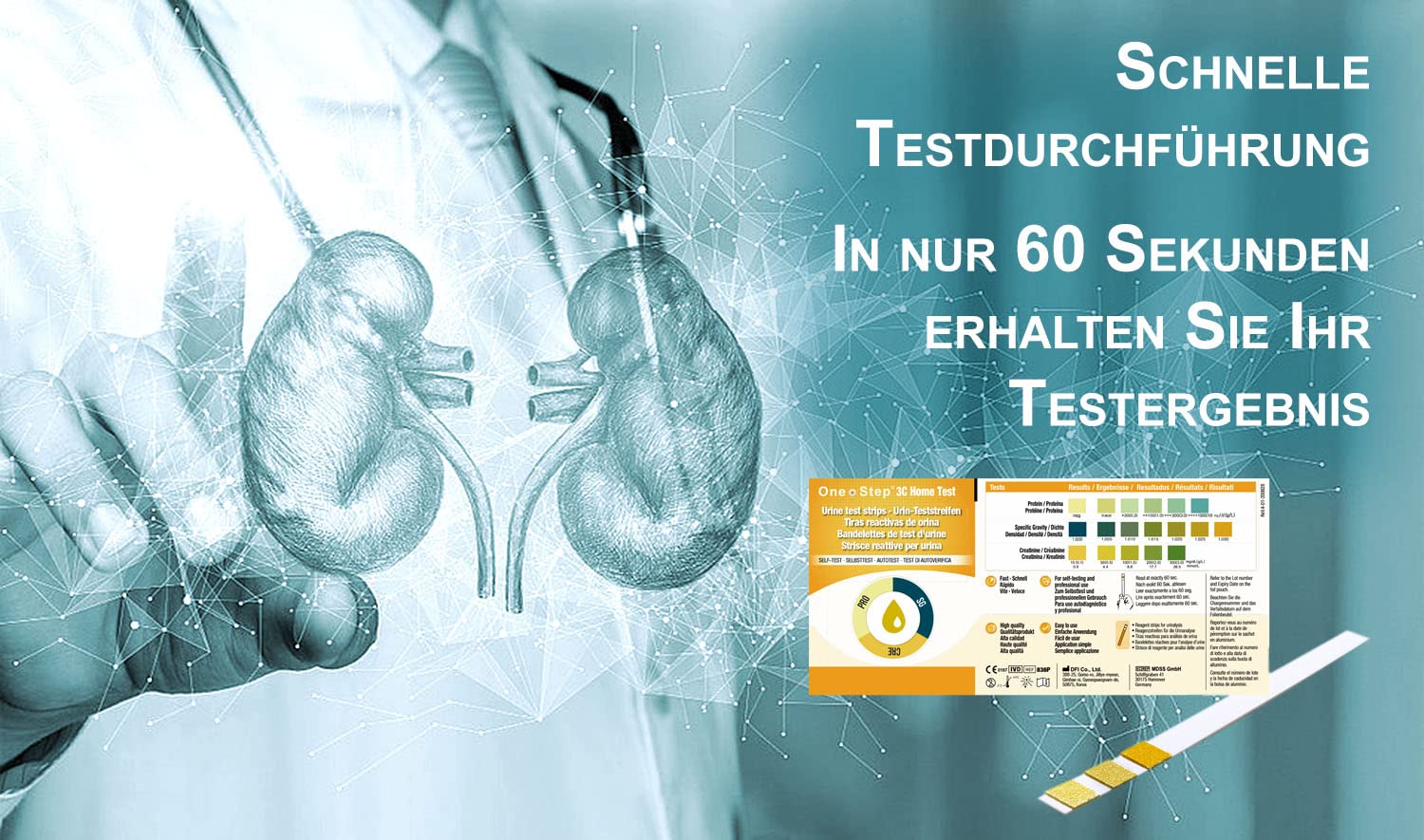One+Step Nierentest 5 Stück - Urin Teststreifen zur Kontolle von Kreatinin, Protein und spezifisches Gewicht