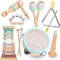 Raimy Wooden Montessori Musical Instruments Set for Toddlers 1-3 | Neutral Morandi Colors Xylophone Tambourine Maracas with Bag