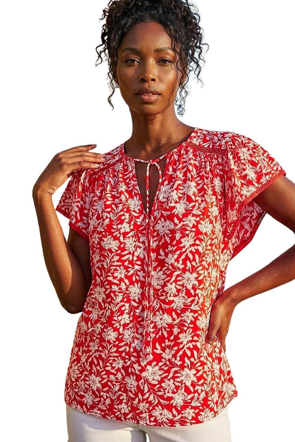 Roman Originals Floral Print Frill Sleeve Tie Top for Women UK - Ladies Everyday Holiday Spring Summer Round Neckline Comfy Soft Evening Vacation Work Party - Red - Size 18