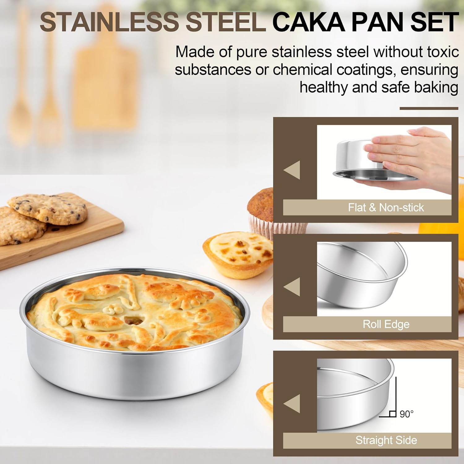 Homikit Round Cake Pan Set of 3, 9.5 Inch Stainless Steel Cake Tins Bakeware for Baking Layer Smash Birthday Cake,Oven, Pressure Cooker & Dishwasher Safe - Image 3