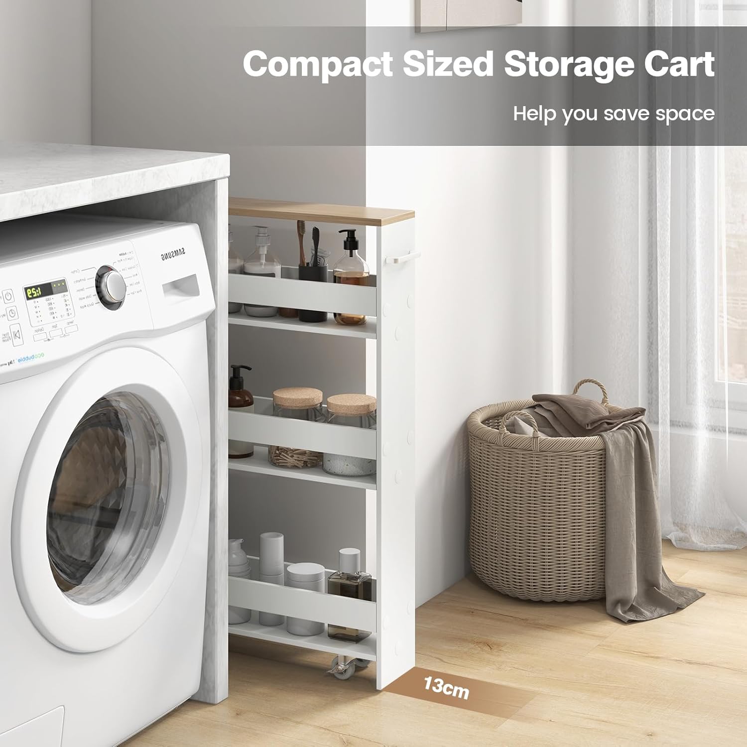 TANGZON 4-Tier Storage Trolley, Slide Out Slim Rolling Kitchen Cart with Wheels & Handle, Space-Saving Utility Shelving Unit Organizer for Living Room Bedroom Laundry Narrow Place (White+Natural)