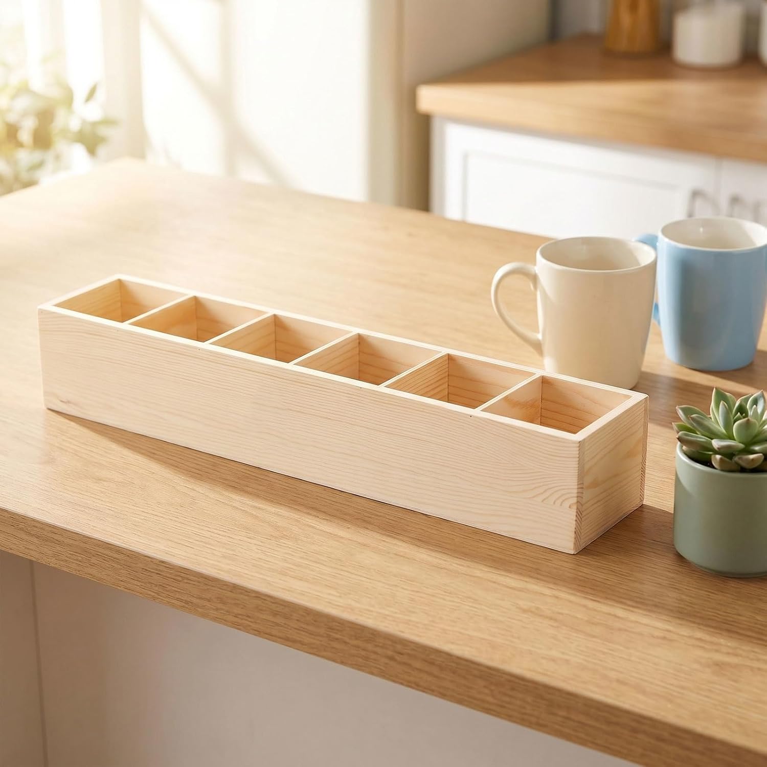 Wooden Tea Bag Organizers: Unfinished Wood Sorting Tray - 6-Grid Sugar Packet Storage Box for Drawer Coffee Station Counter Sweetener Holder Container