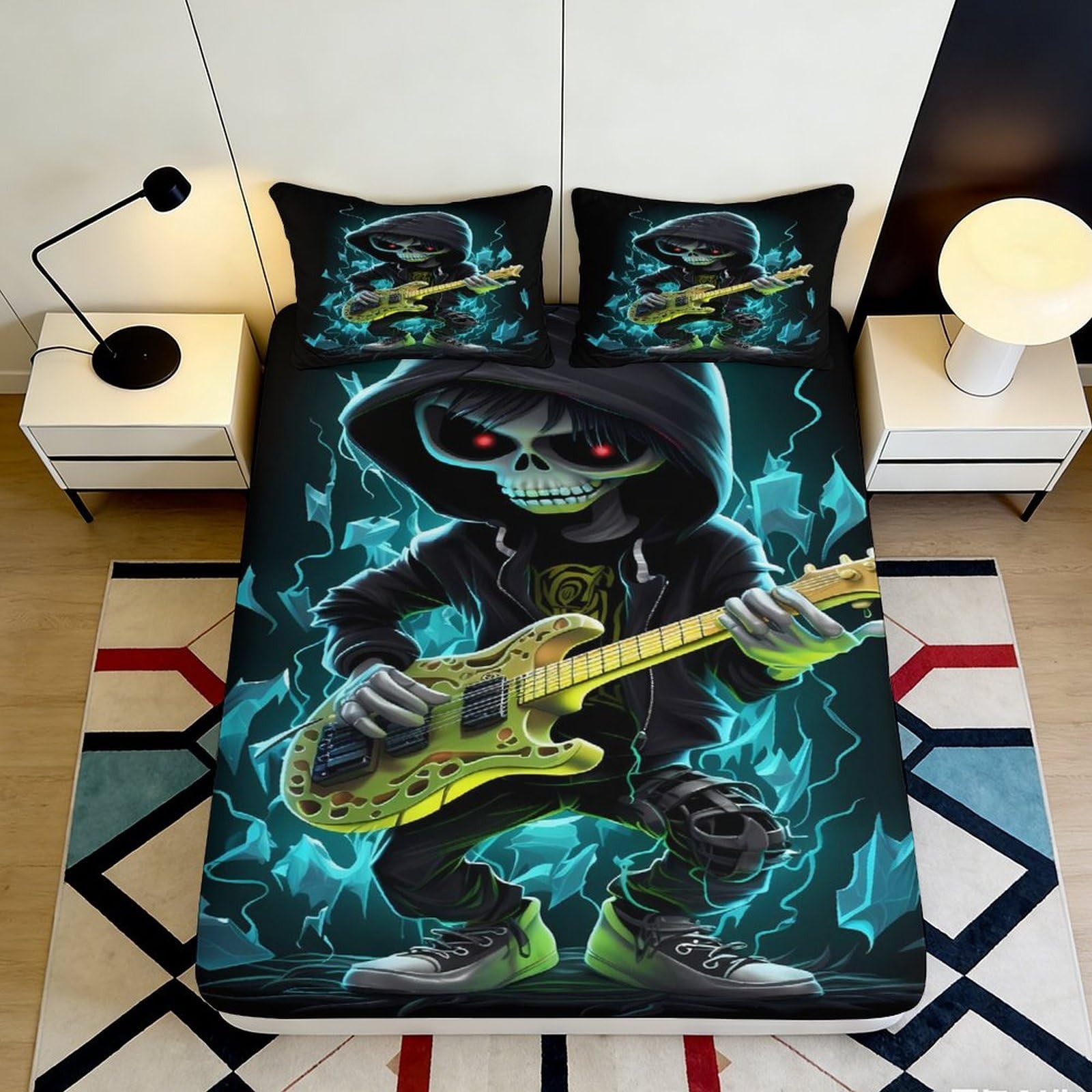 3D Printed Skull Guitar Fitted Sheet Microfiber Non-Slip Mattress Cover for Bedroom Dorm Decor Black Blue 160x200x25cm