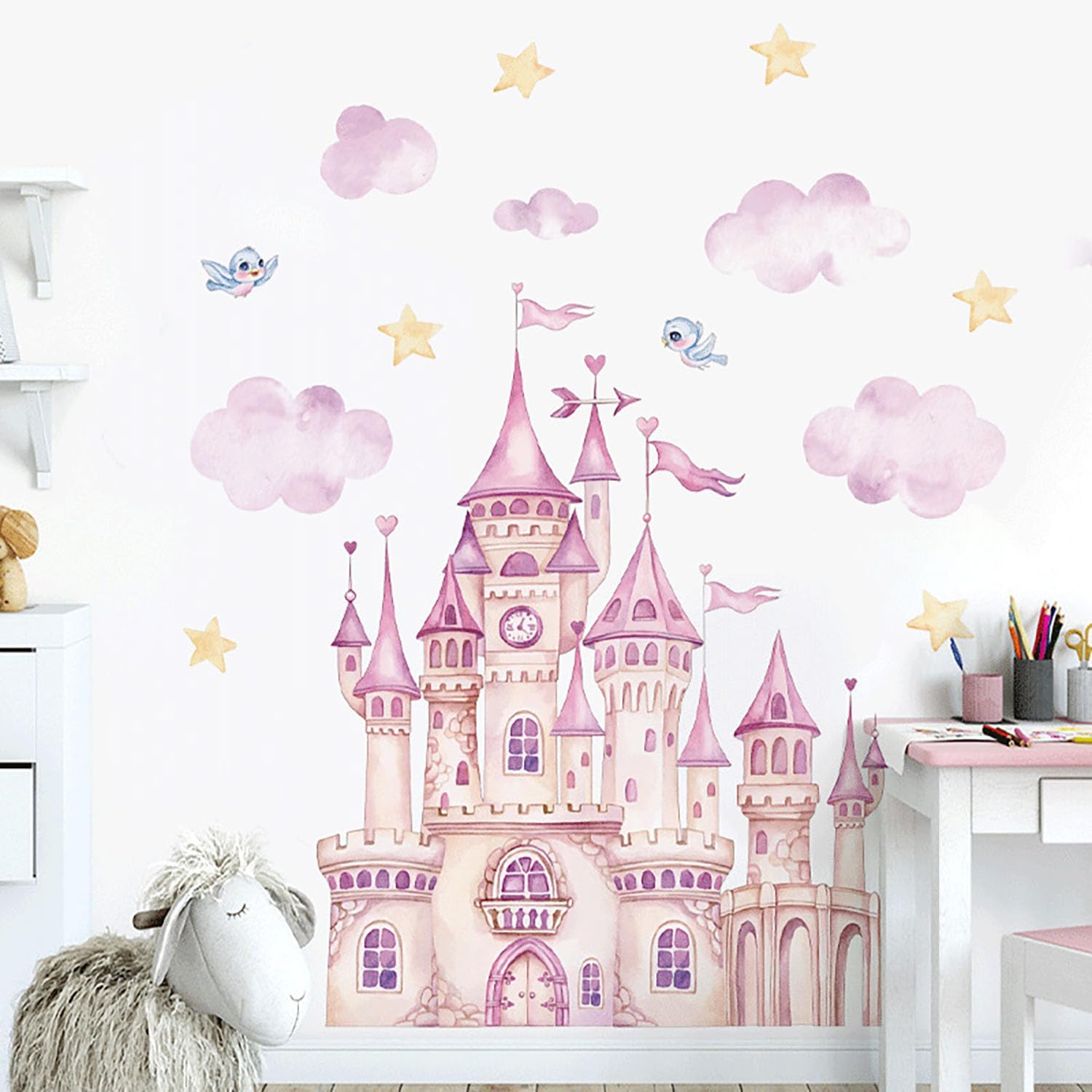 Pink Princess Castle Wall Stickers Large Cloud Star Princess Castle Peel and Stick Wall Decals, Removable Art Wall Decor for Bedroom Living Room Apartment Office Home Interior Decoration