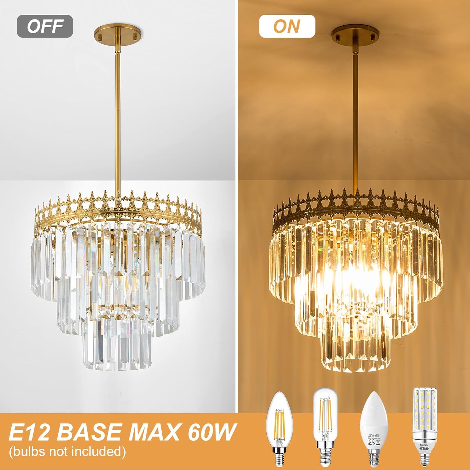 16'' Gold Crystal Chandelier,6-Light Modern Chandeliers for Dining Room,3-Tiers Round Metal Pendant Light Fixture for Kitchen Island Living Room Bedroom Entryway