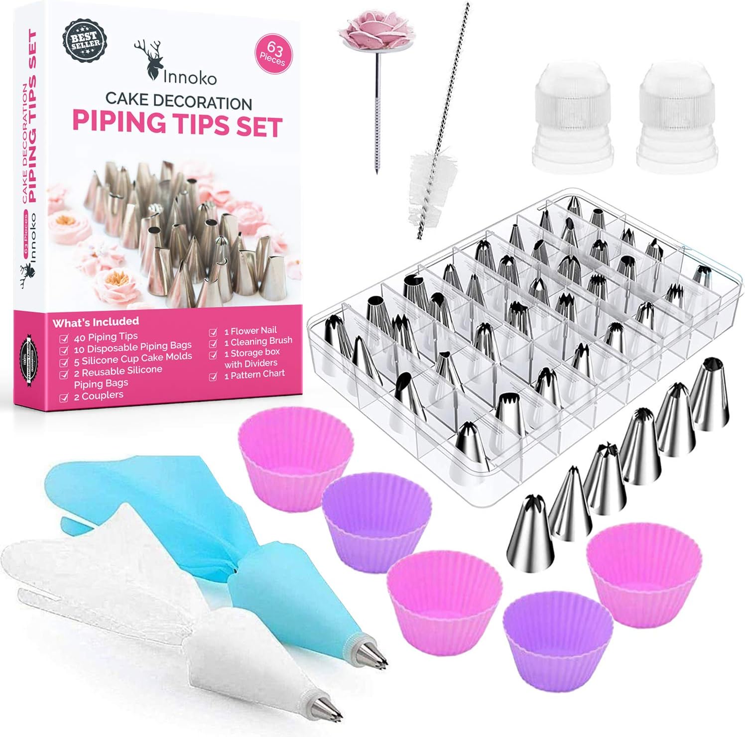 Innoko EVIZO 63 Pieces Cake Decorating Tools Set, 40 Stainless Steel Piping Nozzles Tips, 2 Reusable Plastic Couplers, 5 Silicone Cupcake Molds, 2 Reusable Piping Bags with Storage Box, Pattern Chart