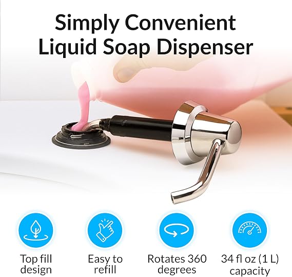 Bobrick B-822 Manual Top Fill Liquid Soap Dispenser 34 fl oz. (1L) Liquid Soap Capacity, 4- Inch Free-Turning Spout for Public Restroom Countertops, Chrome Finish