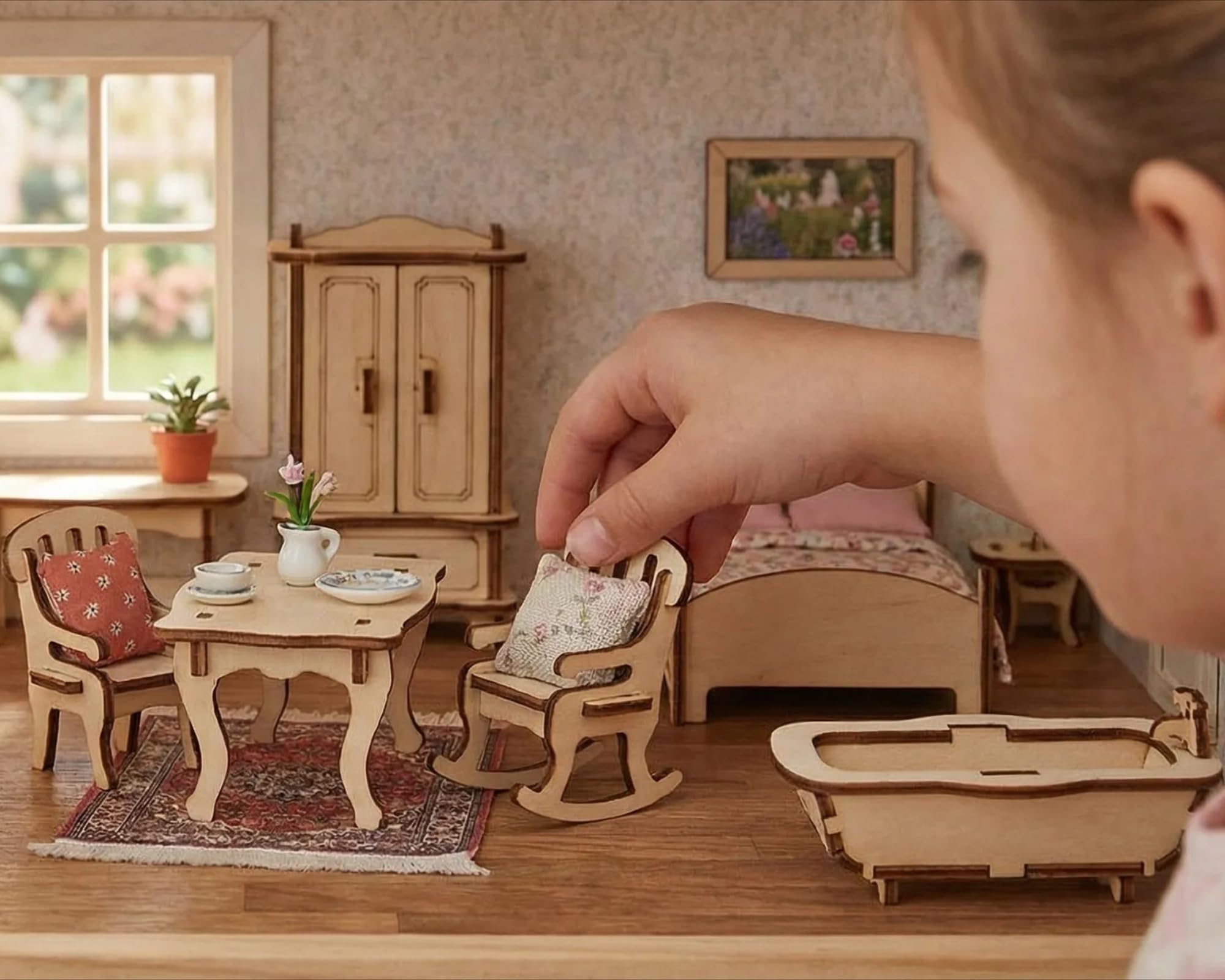 BOHS Kit Créatif 34 Meubles Miniatures en Bois - Puzzle 3D DIY pour Maison de Poupée, Instructions 2D/3D, Découpe Laser, Échelle 1:24 - pour Enfants 6 Ans et Plus