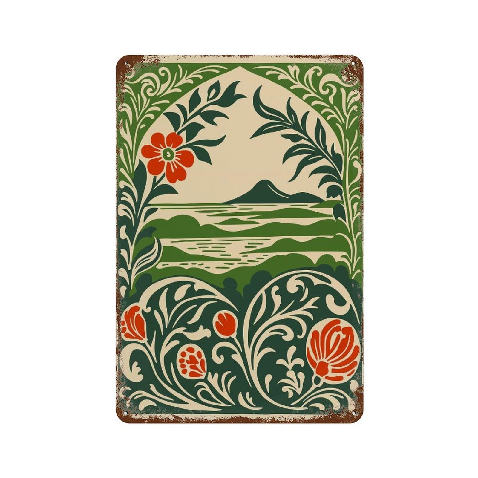 Floral Landscape Art Nouveau Illustration 11.8"x7.9" Vintage Rust Metal Sign, Decorative Metal Wall Art for Bistro, Counter And Cafe Decor