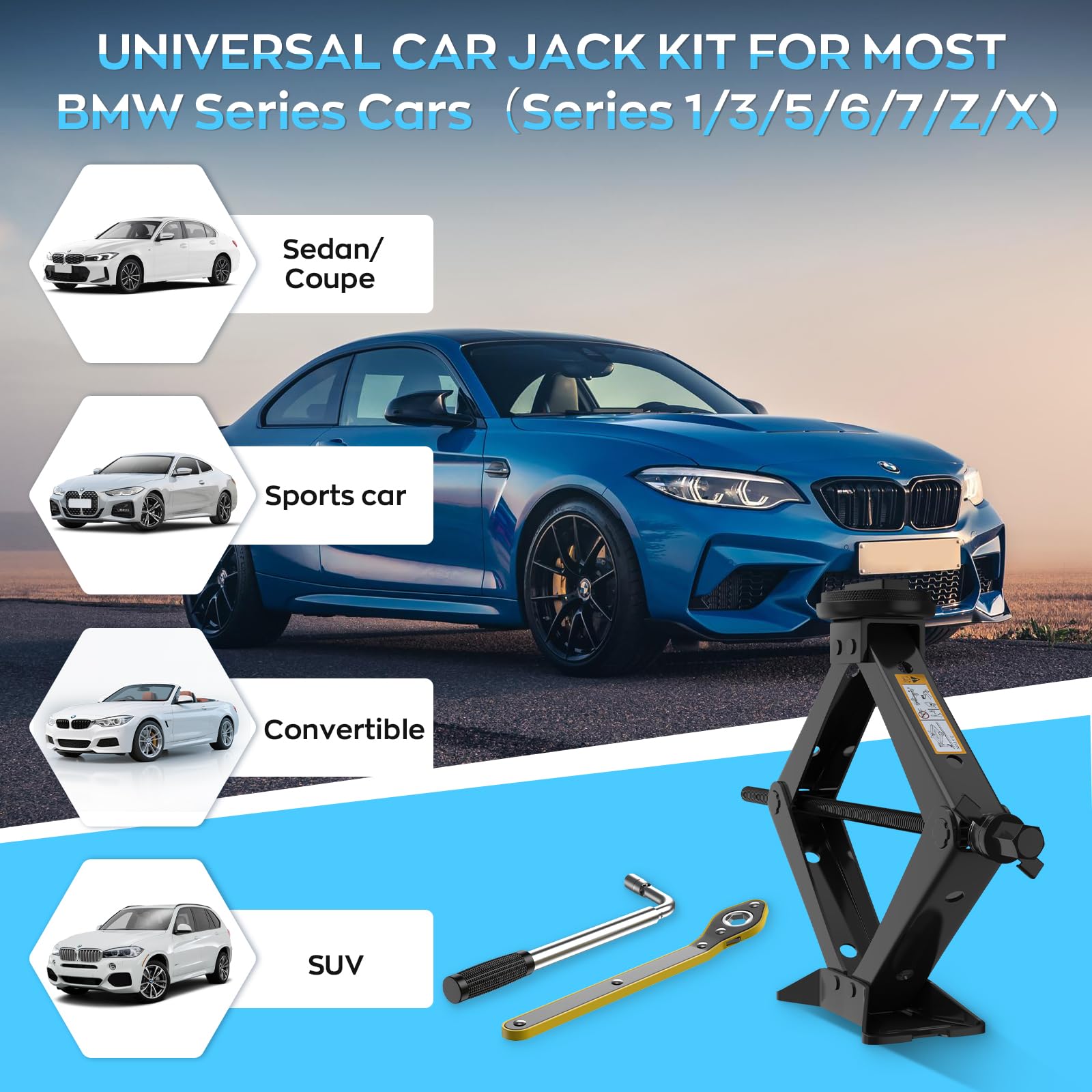 IMAYCC Wagenheber Universelle Scherenwagenheber für BMW Auto mit 2Pcs Gummiauflage BMW, Tragbarer Wagenheber mit Radmutternschlüssel, Auto-Notfallset fürBMW Serie1/3/5/6/7/Z/X