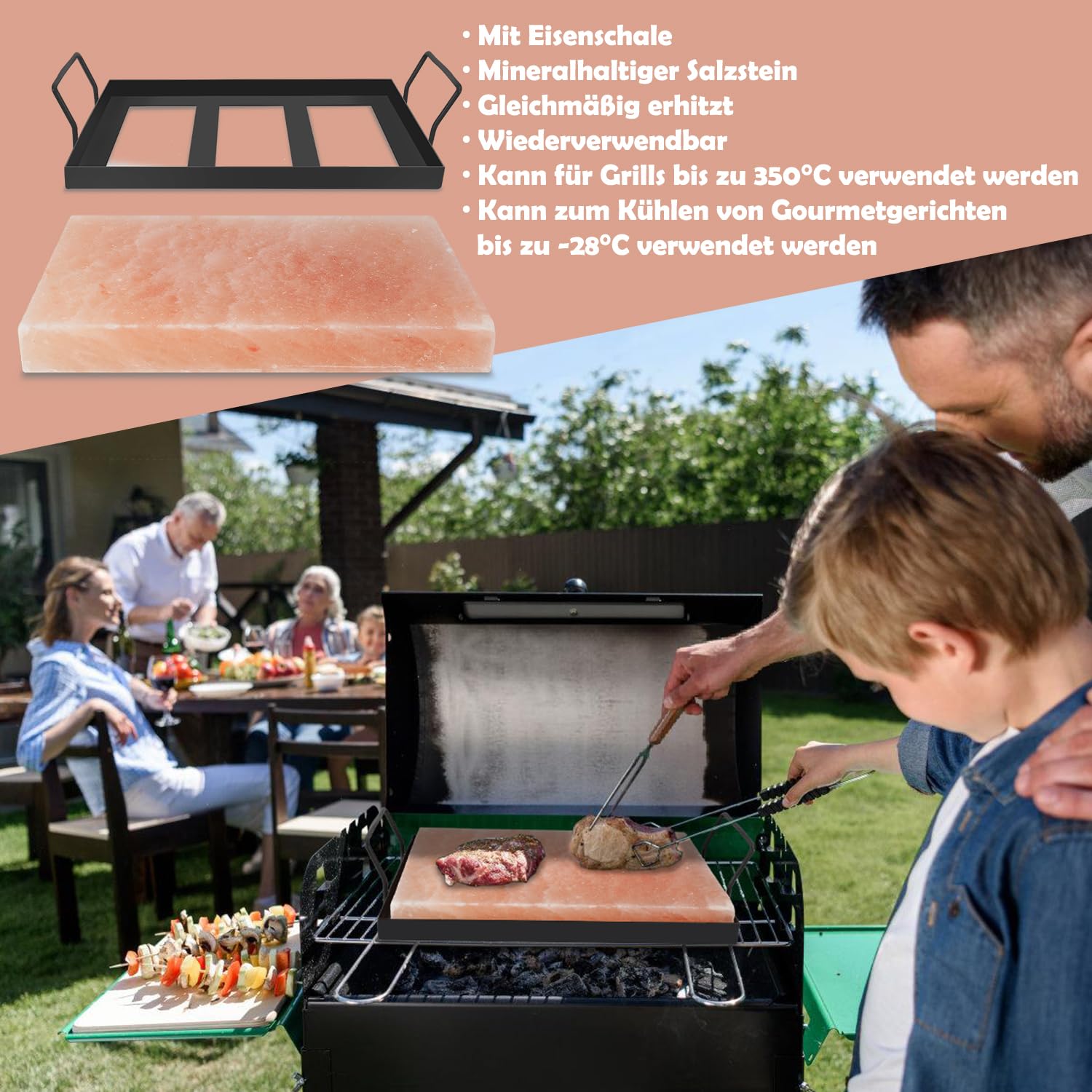 Joparri Lot de 4 pierres de sel pour barbecue - 30 x 20 x 3 cm - Avec plaque en fer - Sel de cristal original du promontoire - Réutilisable
