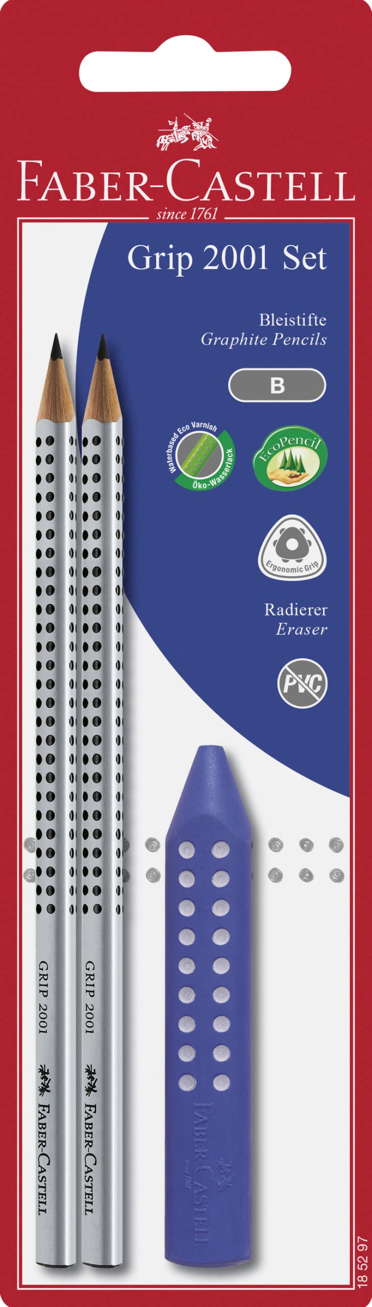 Faber-Castell 185297 GRIP 2001-2 lápices (dureza: B, incluye goma de borrar rosa o azul, no es posible seleccionar el color)