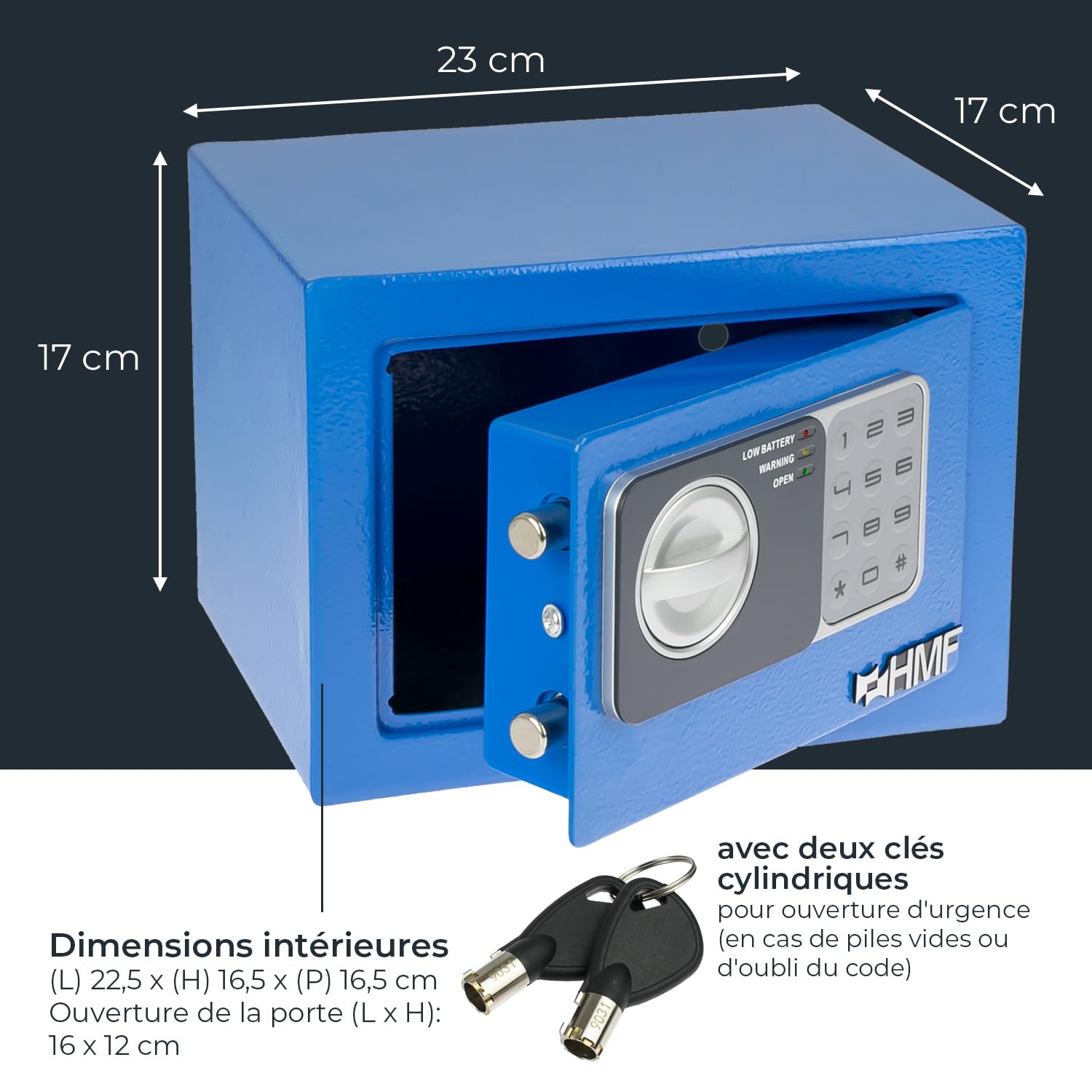 HMF Coffre-fort petit avec serrure à combinaison | 23 x 17 x 17 cm | Bleu