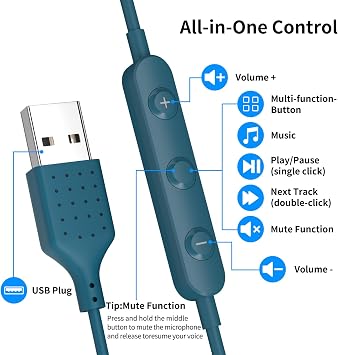 USB Earbuds for PC,Headphones with Microphone for Computer,Blue