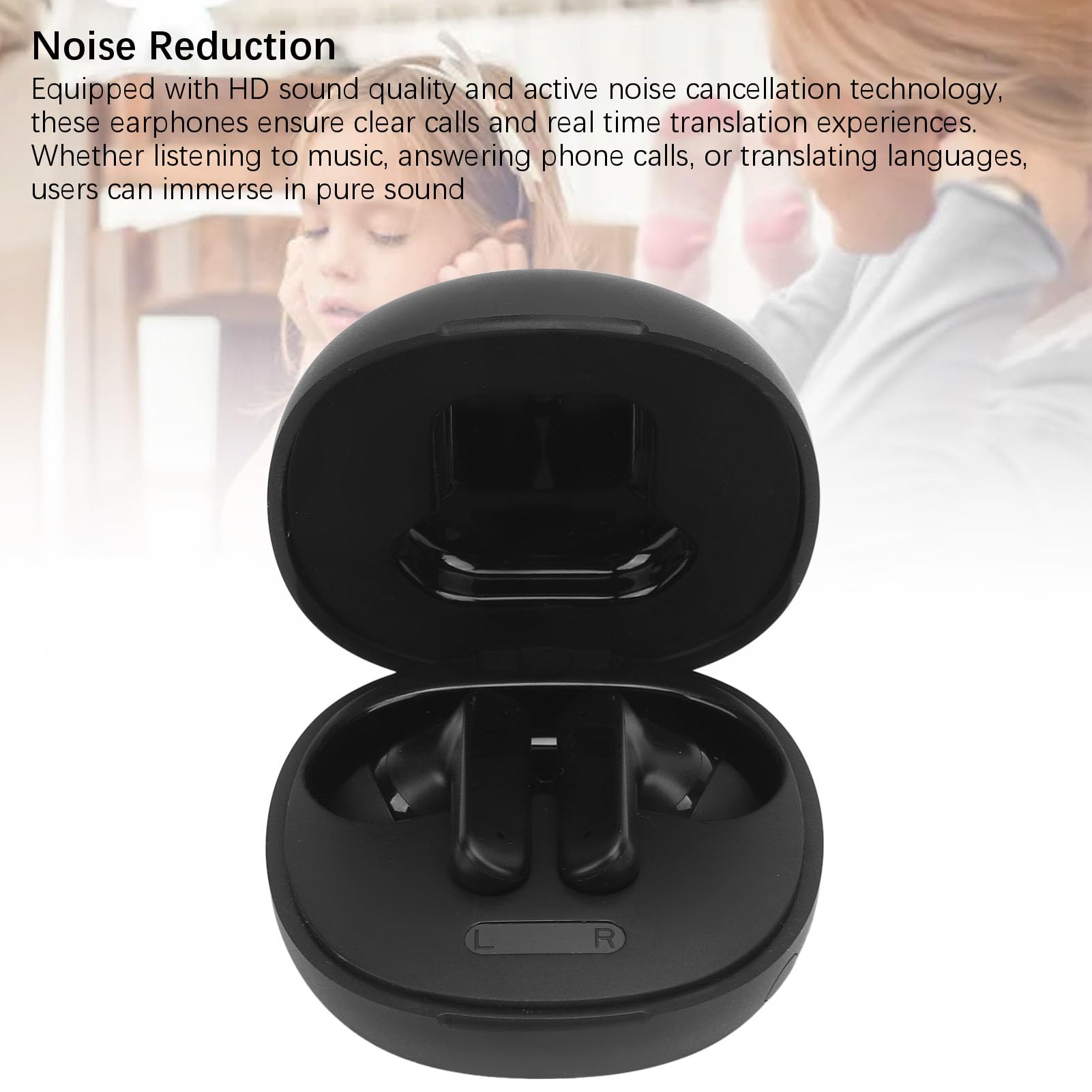 Auricolari Wireless con Cancellazione del Rumore, Funzione di Traduzione Linguistica per i Viaggiatori, Perfetti per Musica e Chiamate, vestibilità Ergonomica (Nera)