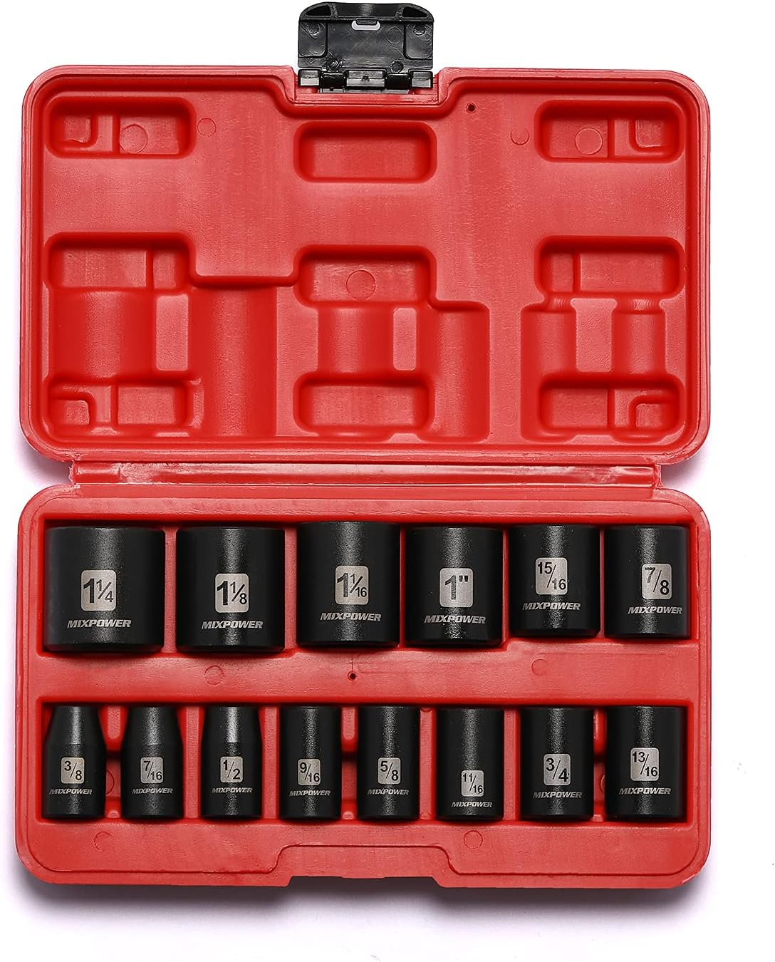 14 Pieces 1/2-Inch Drive Shallow Impact Socket Set, 3/8-Inch to 1-1/4 Inch, CR-V, SAE, 6 Point, Shallow, 14 Pieces 1/2" Dr. Shallow Socket