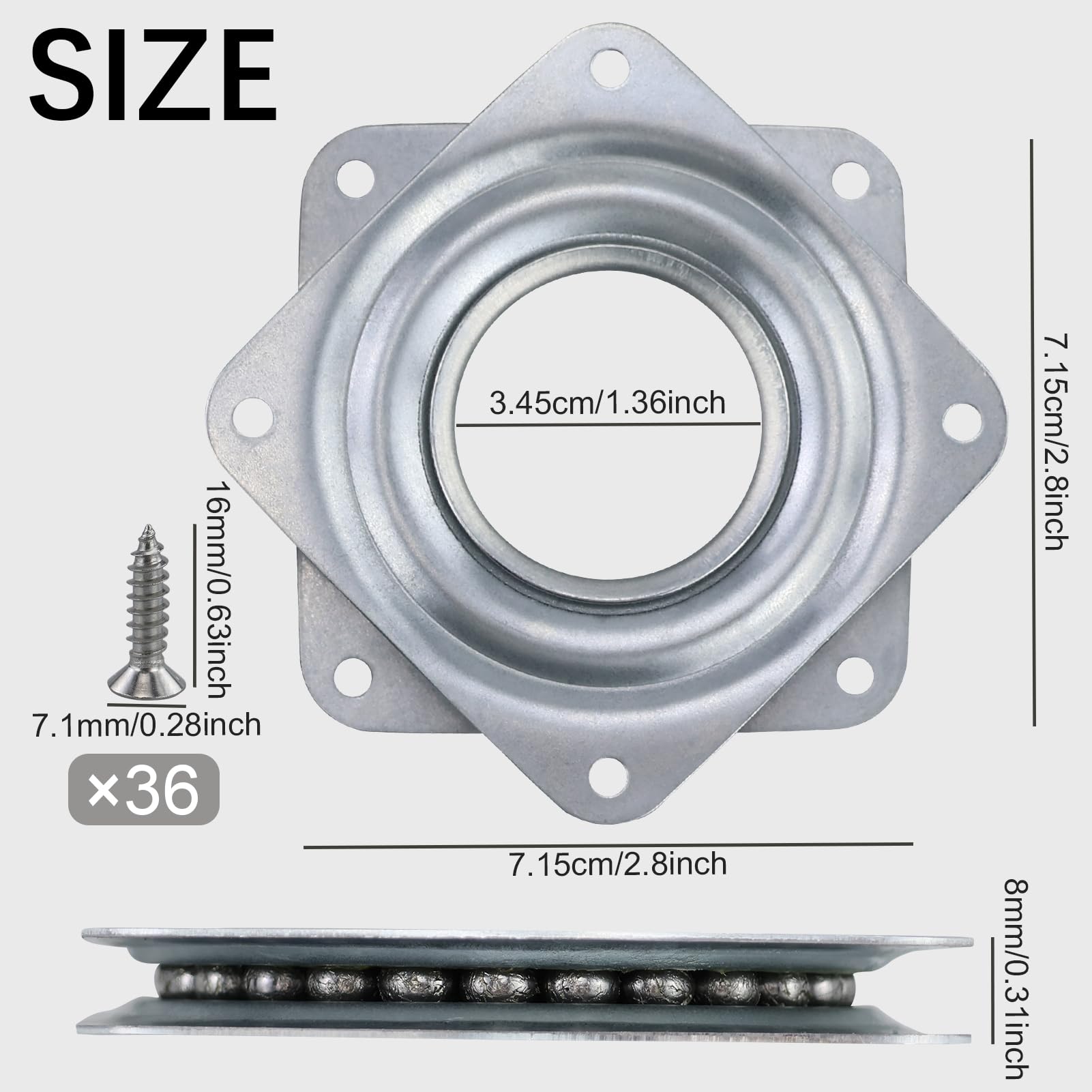 4 pezzi Cuscinetto girevole girevole a 360° cuscinetto a sfera piatto zincato,Girevole quadrato 3 pollici con viti