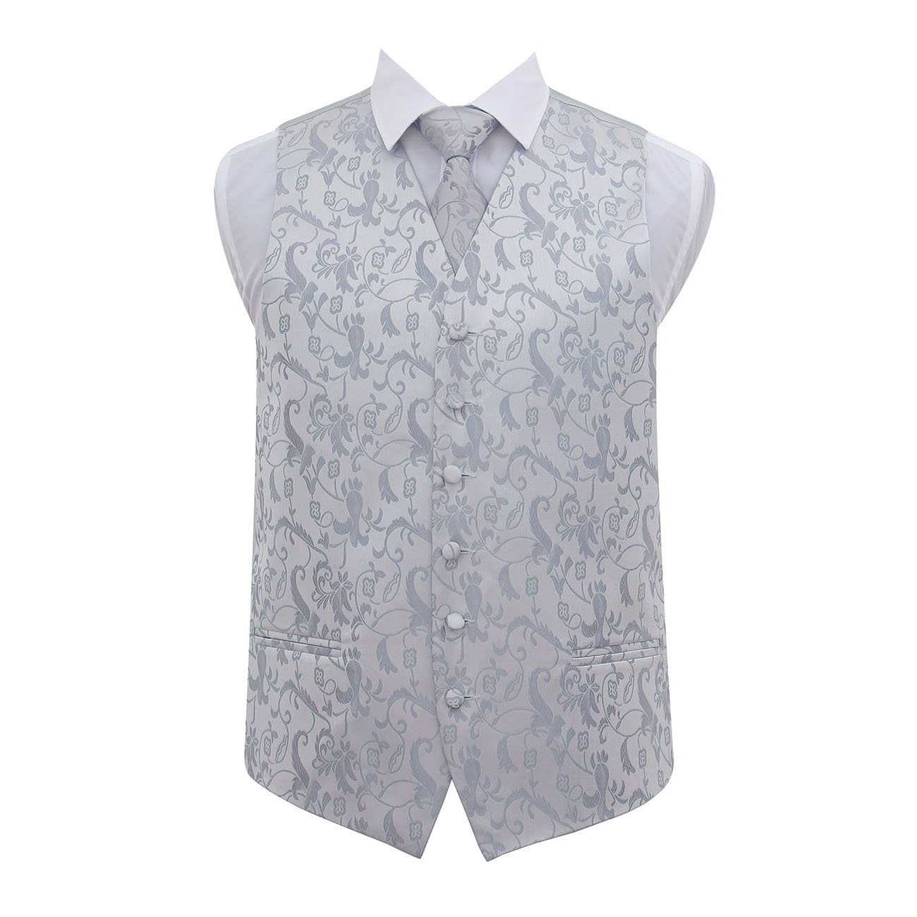 DQT Mens Floral Passion Jacquard Waistcoat, Tie, Pocket Square & Cufflinks Set (4pc) - Wedding, Business & Formal - Silver 42" (XL)