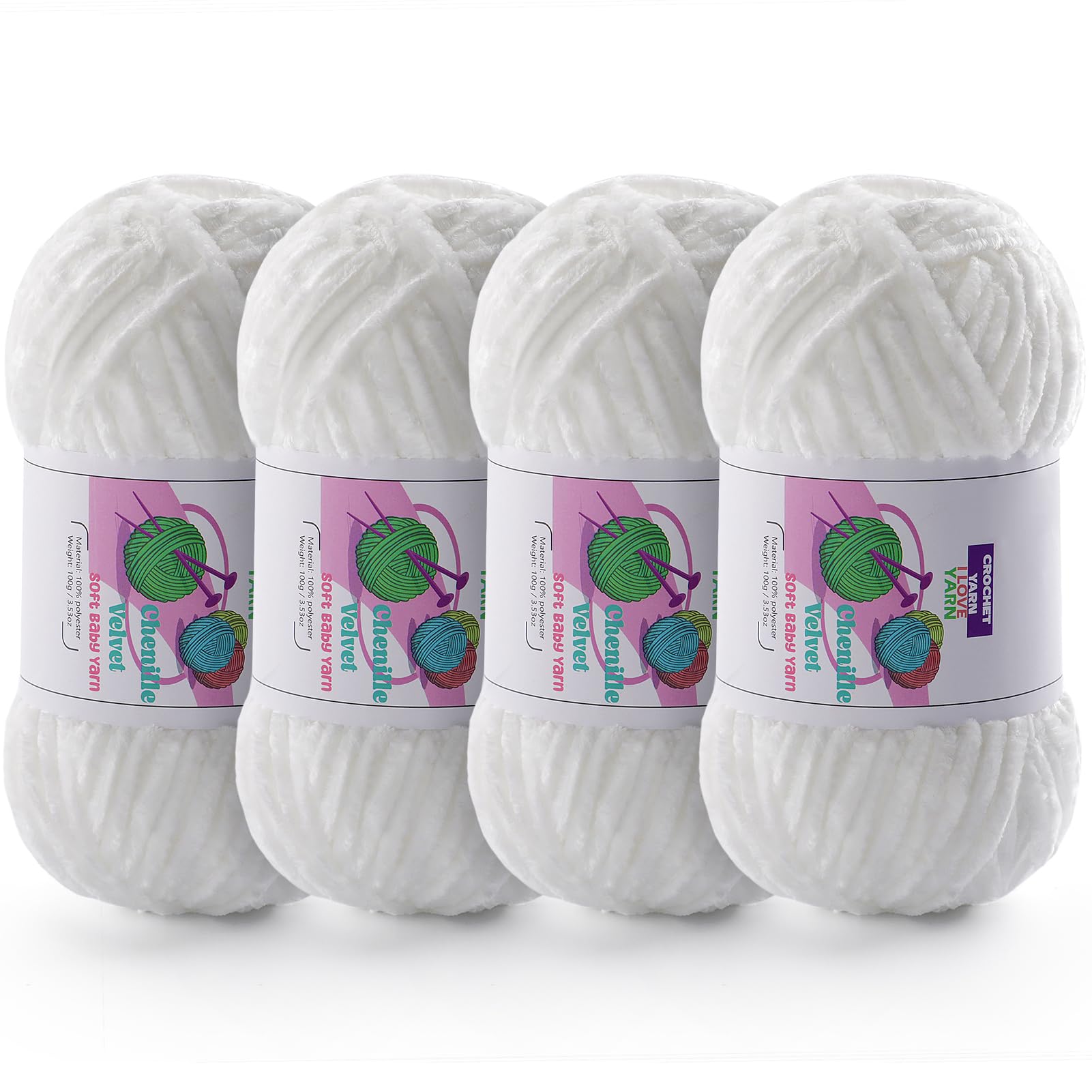 Chenille Velvet Yarn for Crocheting, White Fuzzy Fluffy Yarn for Crochet