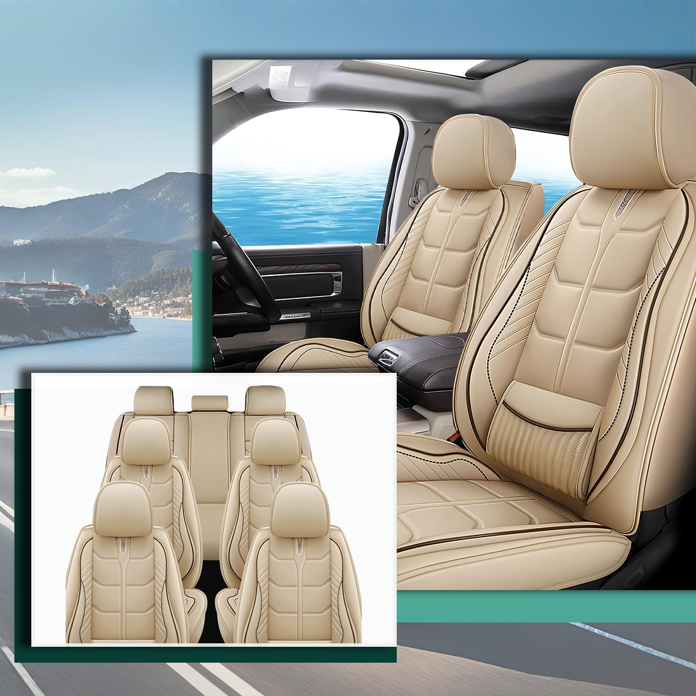 Car Seat Covers Fit for Nissan Pathfinder 2000-2025 | 7 Seat Car Seat Cover | No-Slip Waterproof Breathable Nappa Leather Automotive Seat Covers Auto Interior Covers.Beige,Full Set