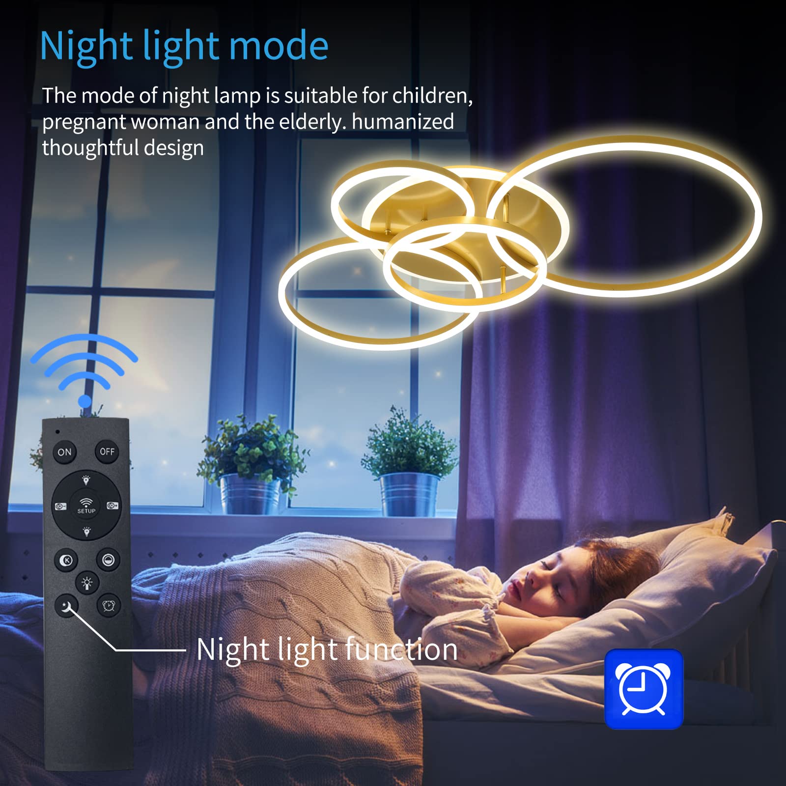 Nowoczesna lampa sufitowa LED 106 W, ściemniana, akrylowa z pilotem zdalnego sterowania, 6 pierścieni, montaż podtynkowy, złoty żyrandol do salonu, jadalni, sypialni, kuchni (5+1G01