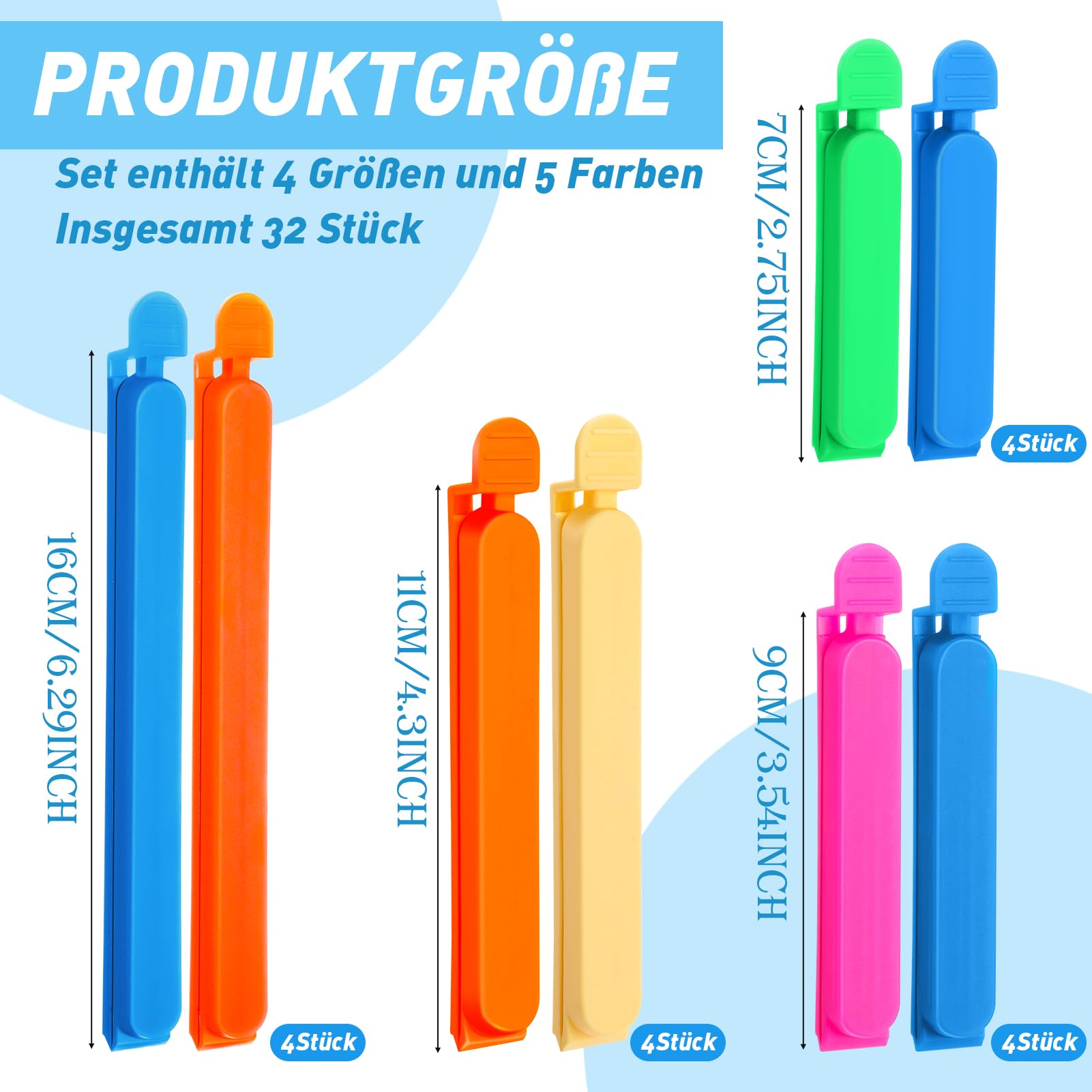 32 Pinces Fermeture Sachets Alimentaires Réutilisables - 4 Tailles (7/9/11/16 Cm) Multicolores