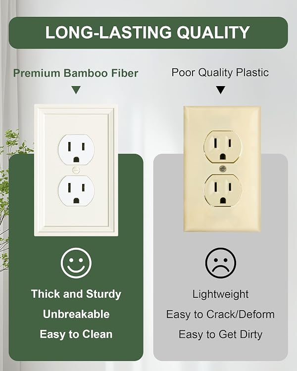 TREEWELL 4-Pack Duplex Outlet Cover, Natural Bamboo Fiber Switch Plates and Outlet Covers, Light Almond Decorative Wall Plates for Electrical Outlets, 1 Gang Receptacle Cover, Corrosion Resistant by treewell - Image 4
