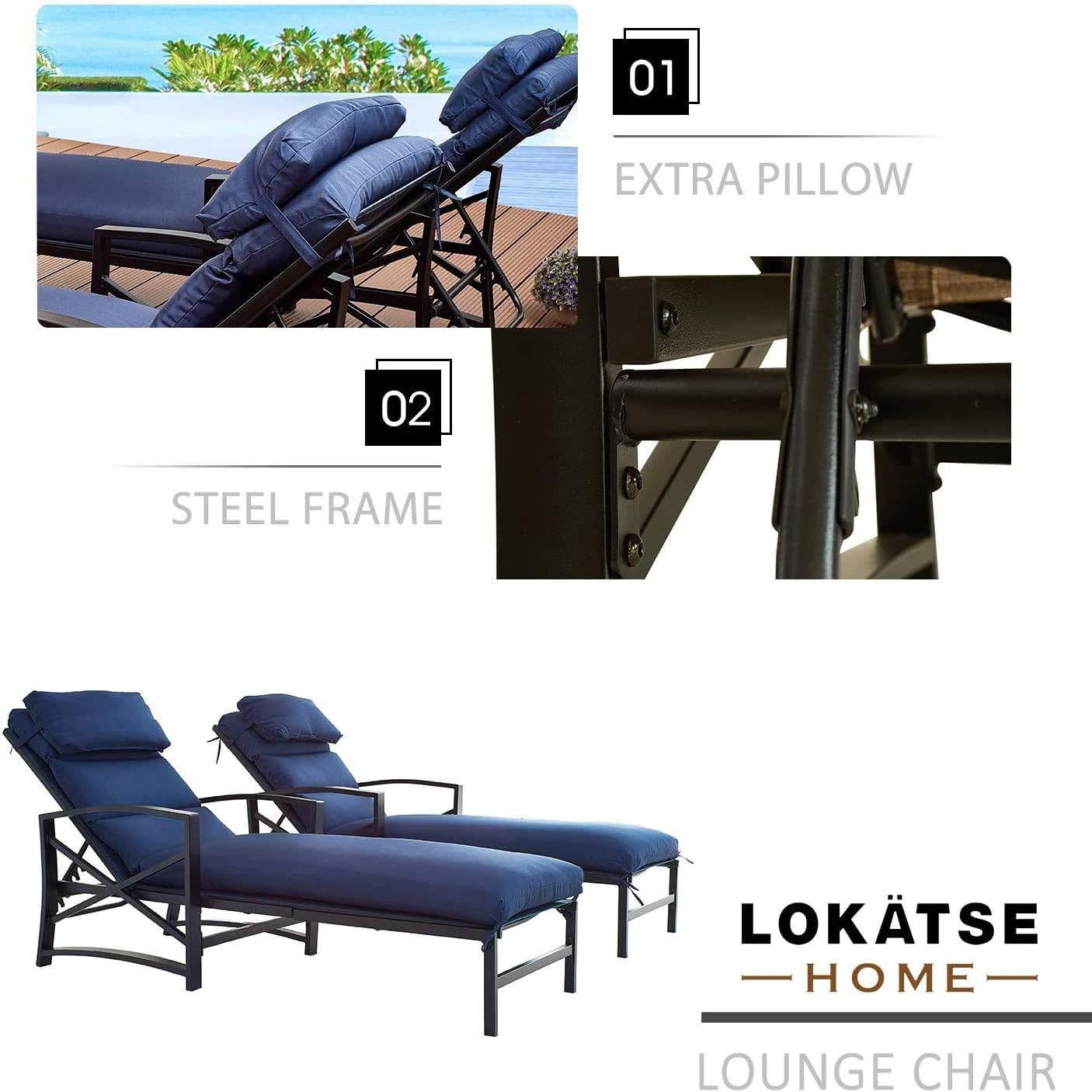 LOKATSE HOME 2 Pieces Outdoor Patio Chaise Lounge Blue Removable Cushions and Pillows with Adjustable Backrest and Armres Reclining Chairs for Beach Poolside Balcony Backyard Garden : Everything Else