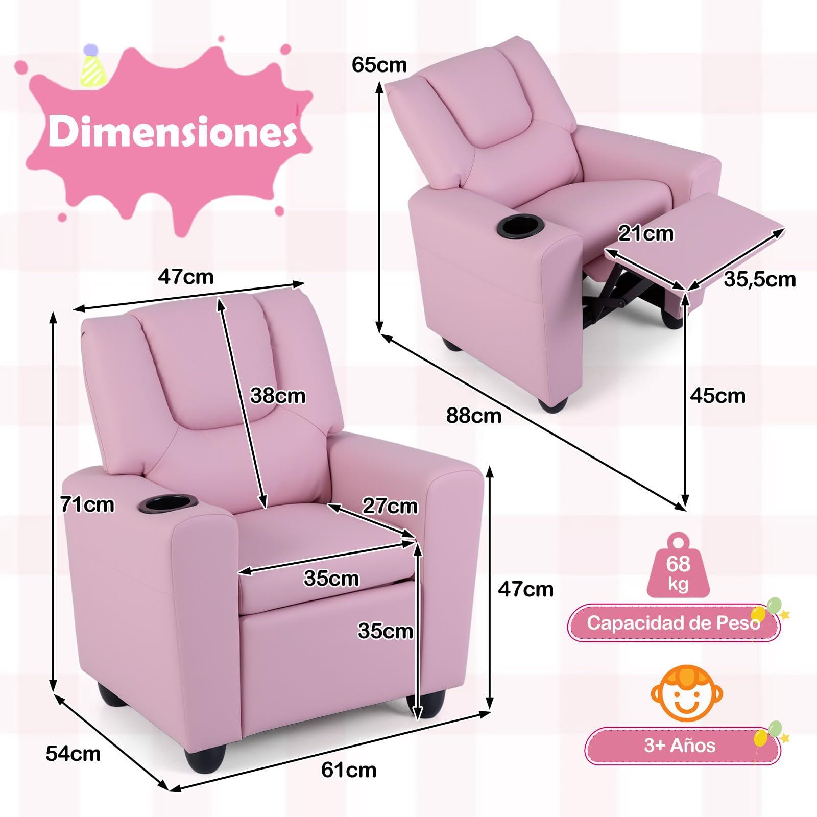 COSTWAY Sillón Reclinable para Niños, Sillón Reclinable con Portavasos y Reposapiés Ajustable para Sala de Estar y Área de Juegos, Silla para Niños de 3+ Años (Rosa)