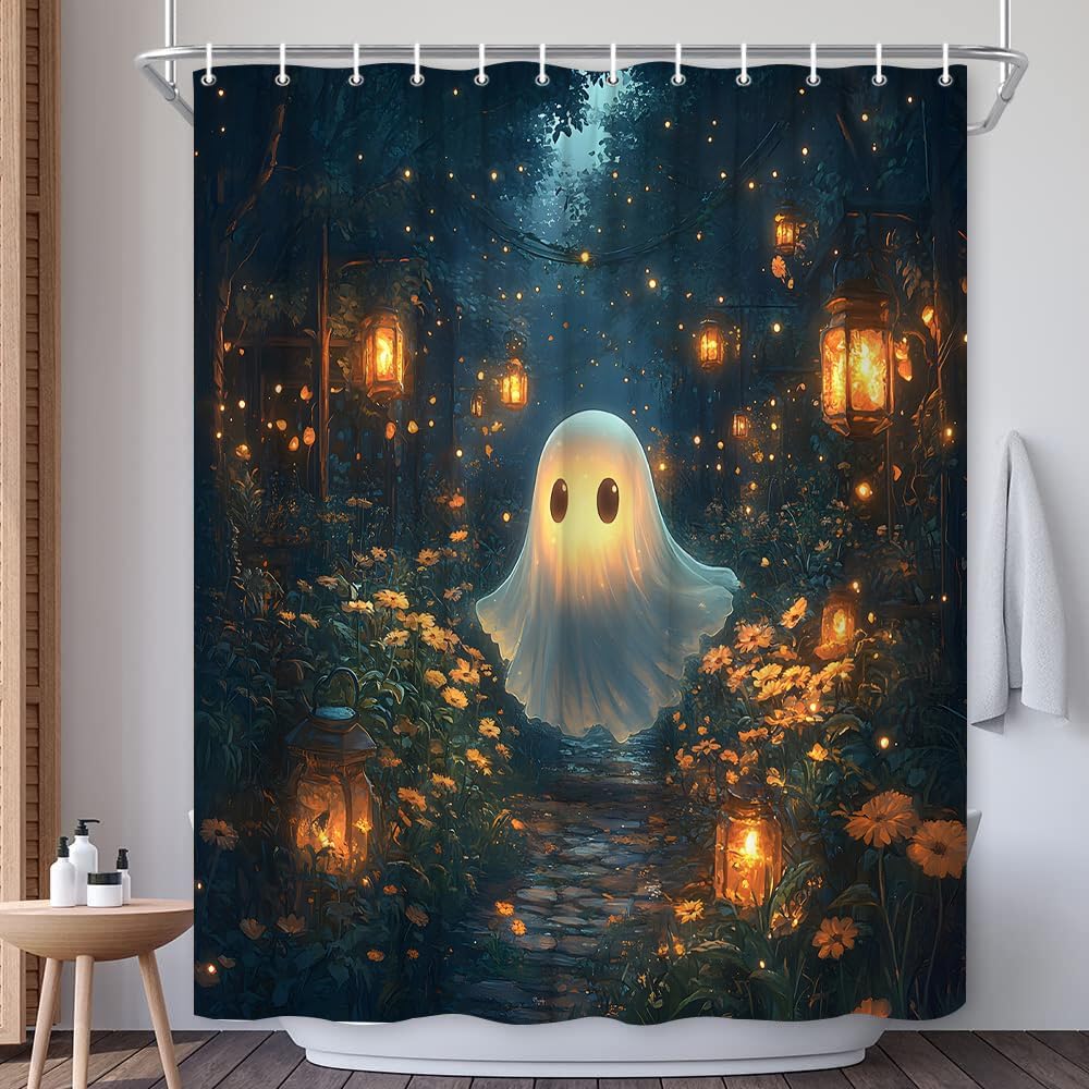 Spooky Ghost Shower Curtain Fantasy Foggy Forest Funny Ghost Drift Cabin Path Wildflower Gothic Halloween Magic Wonderland Bath Decor Polyester Fabric Curtains 106X70 Inch