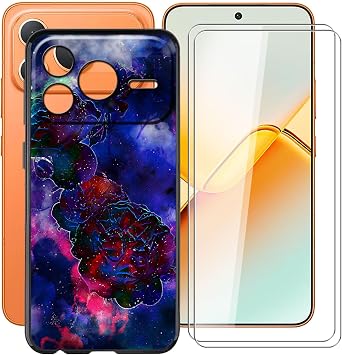 Shockproof Phone Case for Honor Power2 6.79" + 2 Pack Tempered Glass Protective Film, Slim Soft Silicone Shell Anti Scratch TPU Cover for Honor Power2 - Rose Cloud