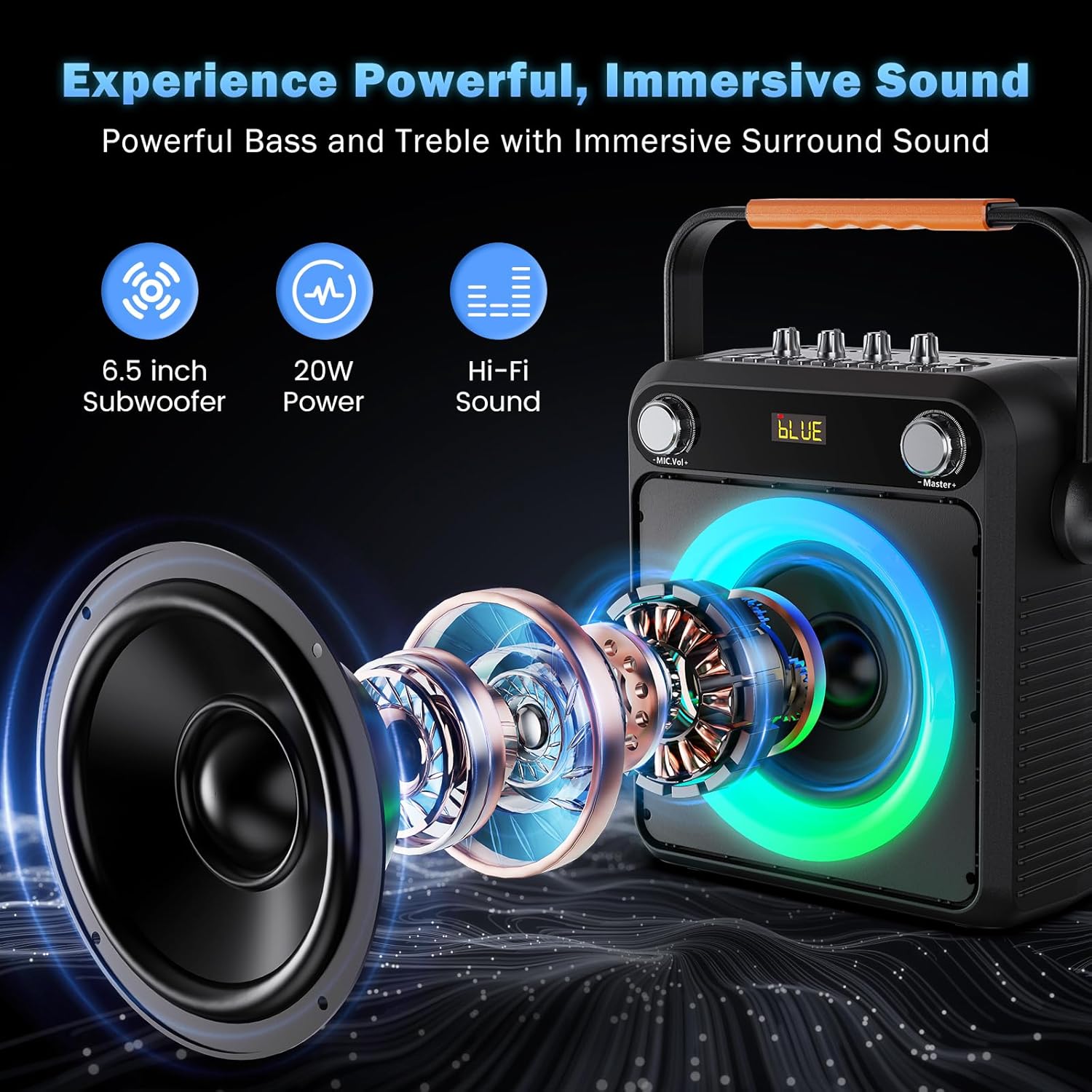 Karaoke Machine with 2 Wireless Microphones, Portable Bluetooth Karaoke Speaker for Adults, Karaoke Microphone with PA System, Bass/Treble Adjustment, Light for Home Party, Support USB/TF/AUX - Image 2