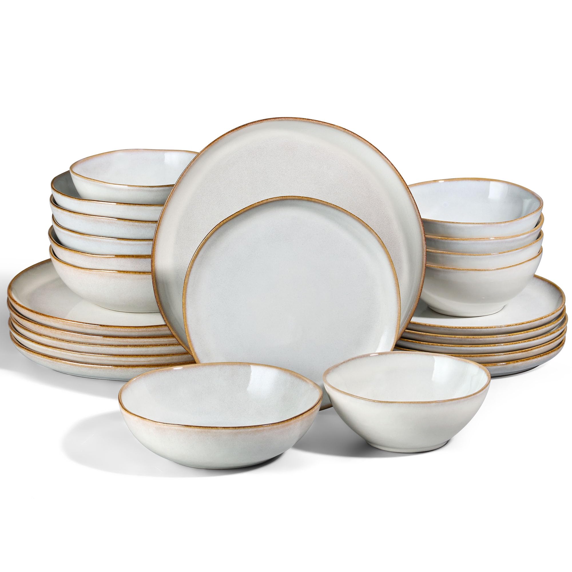 Joyfair Service de table 6 personnes, set de 24 pièces en grès, vaisselle ronde irrégulière avec assiettes, assiettes à dessert, bols à céréales, résistants au micro-ondes et au lave-vaisselle, blanc
