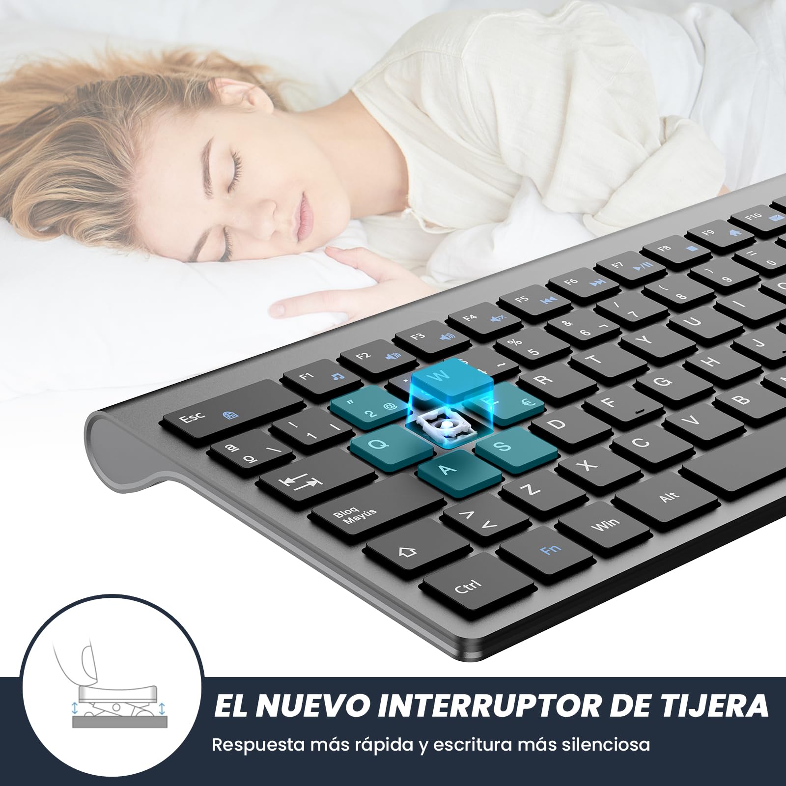 cimetech Teclado Inalámbrico Recargable, QWERTY Español Layout, 2.4G EasyTyping Teclado de diseño ergonómico, Ultrafino para Ordenador/PC/portátil/Windows 10/8/7(Gris)