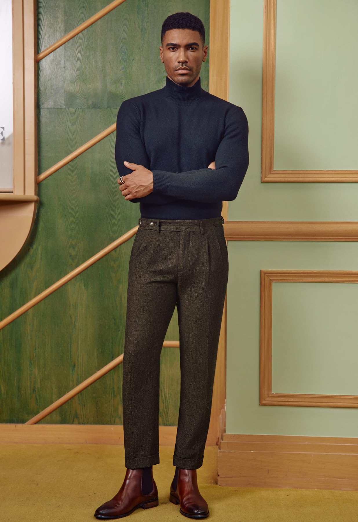 PJ Paul Jones Pantaloni Vintage da Uomo in Tweed a Spina di Pesce Pantaloni a Pieghe, Marrone, L