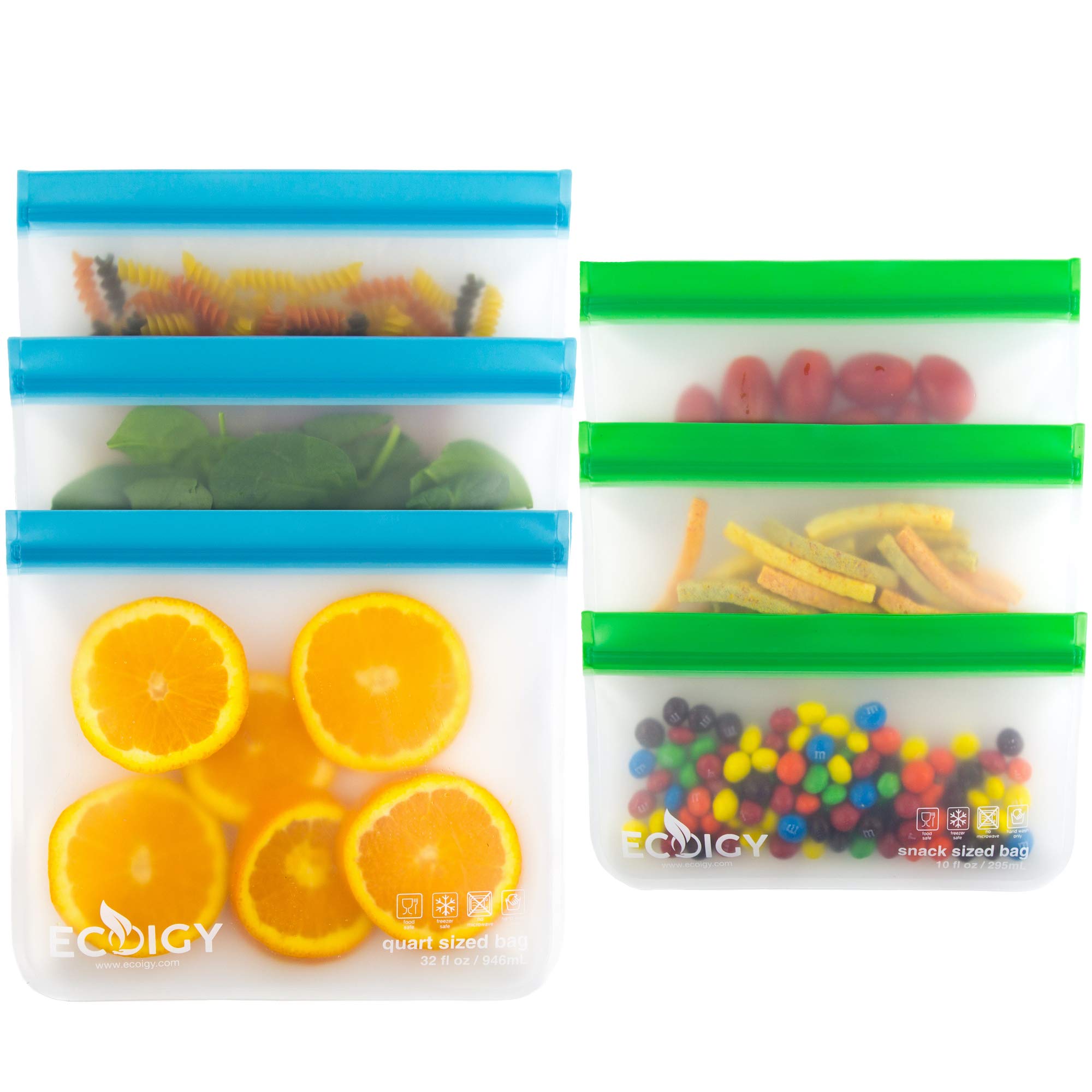 Reusable Sandwich Bags (6 Pack) by Ecoigy, 3 Quart and 3 Snack Sized