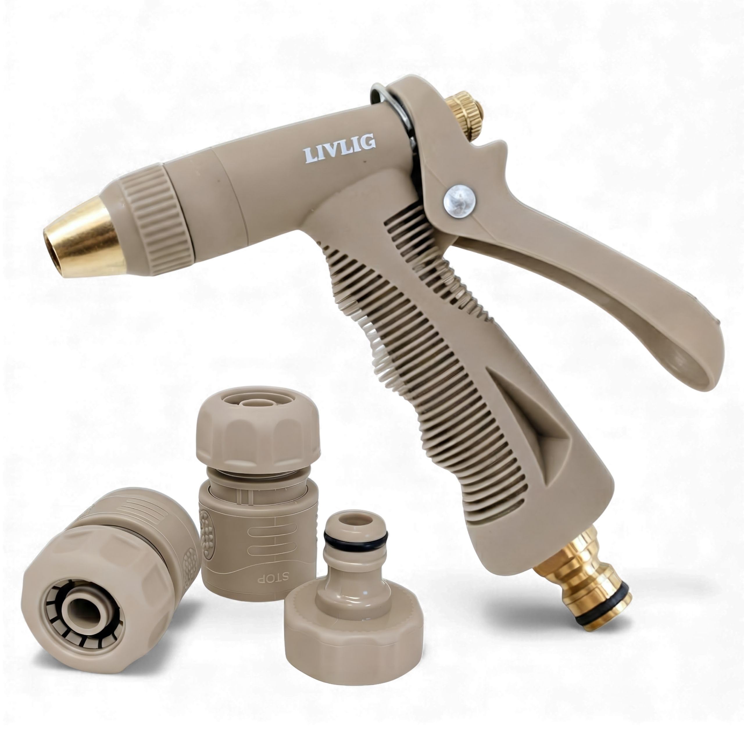 LIVLIG Pistola de riego Premium en set completo – boquilla robusta para limpiar y regar, con conectores 1/2", cuerpo de plástico y latón, control con una mano y bloqueo fijo – Beige (Beige)