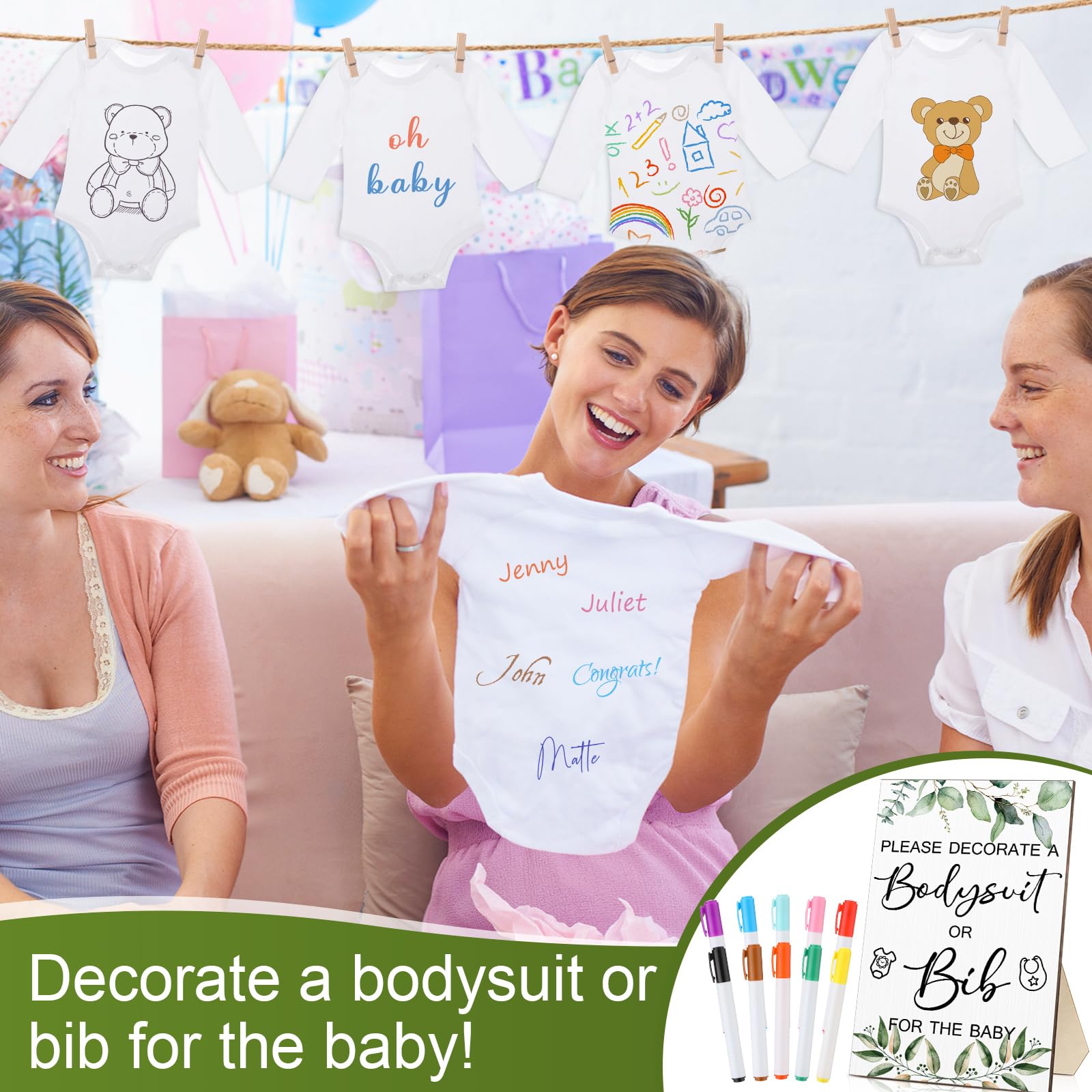 43 piezas de juegos de baby shower, kit de decoración de body blanco para bebé, diseño de baberos, incluye letrero de juego de madera con 15 baberos blancos en blanco, 15 mamelucos recién
