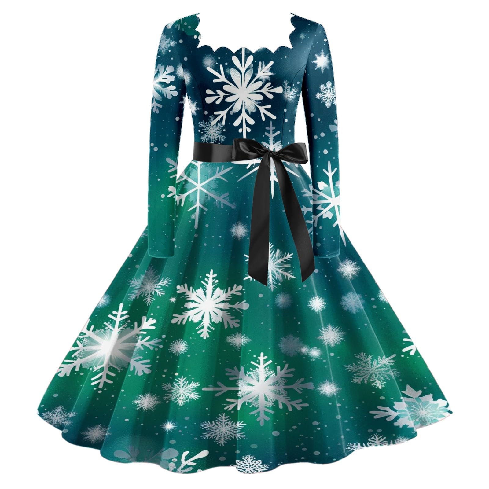 Natale Vestito Donna, Abito Natale Donna Abito Vintage con Cintura Anni '50 a Vita Alta Manica Lunghe Abito Cocktai Vestito Natalizio per Festa Adulti Linea Svasata Costumi Natale Donna