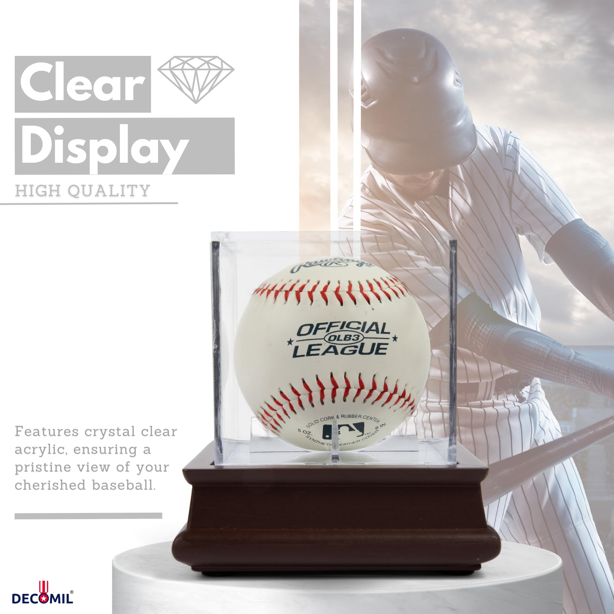 DECOMIL - UV Single Baseball Display Case , Holder - UV Protection Acrylic Cube with Wooden Stand Cherry Finish