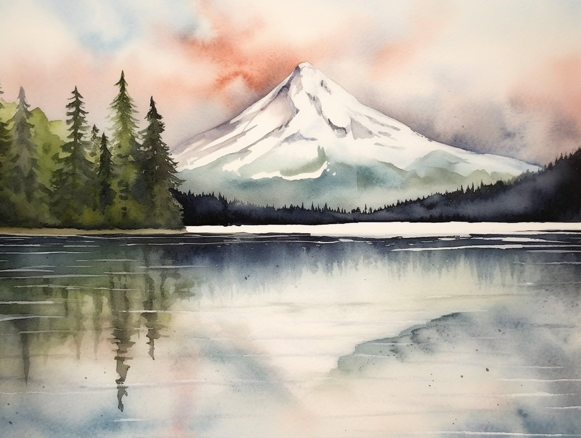 Oregon Watercolor Poster Art Trillium Lake Art Print Mout Hood Wall Print Panoramic Lake Forest Landscape Nature Print, Oregon Watercolor Photo,247