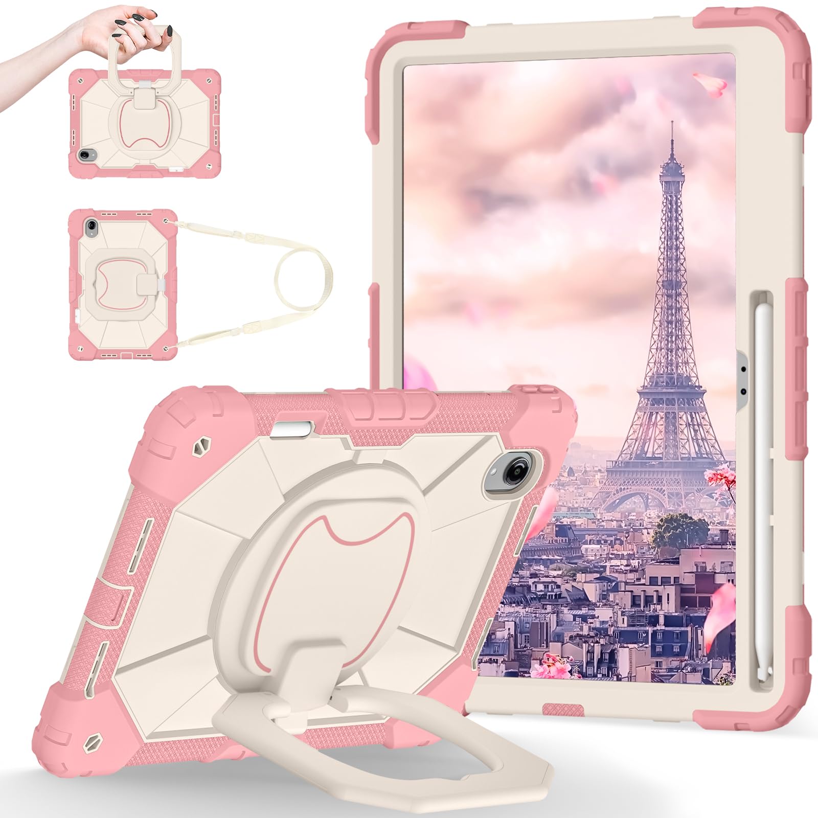 Etui na tablet kompatybilne z Lenovo Idea Tab Pro Gen 2 (TB-390) 33.0 cm, wytrzymała, odporna na wstrząsy obudowa z uchwytem stojakiem + pasek na ramię, wytrzymałe etui ochronne. Różowe złoto