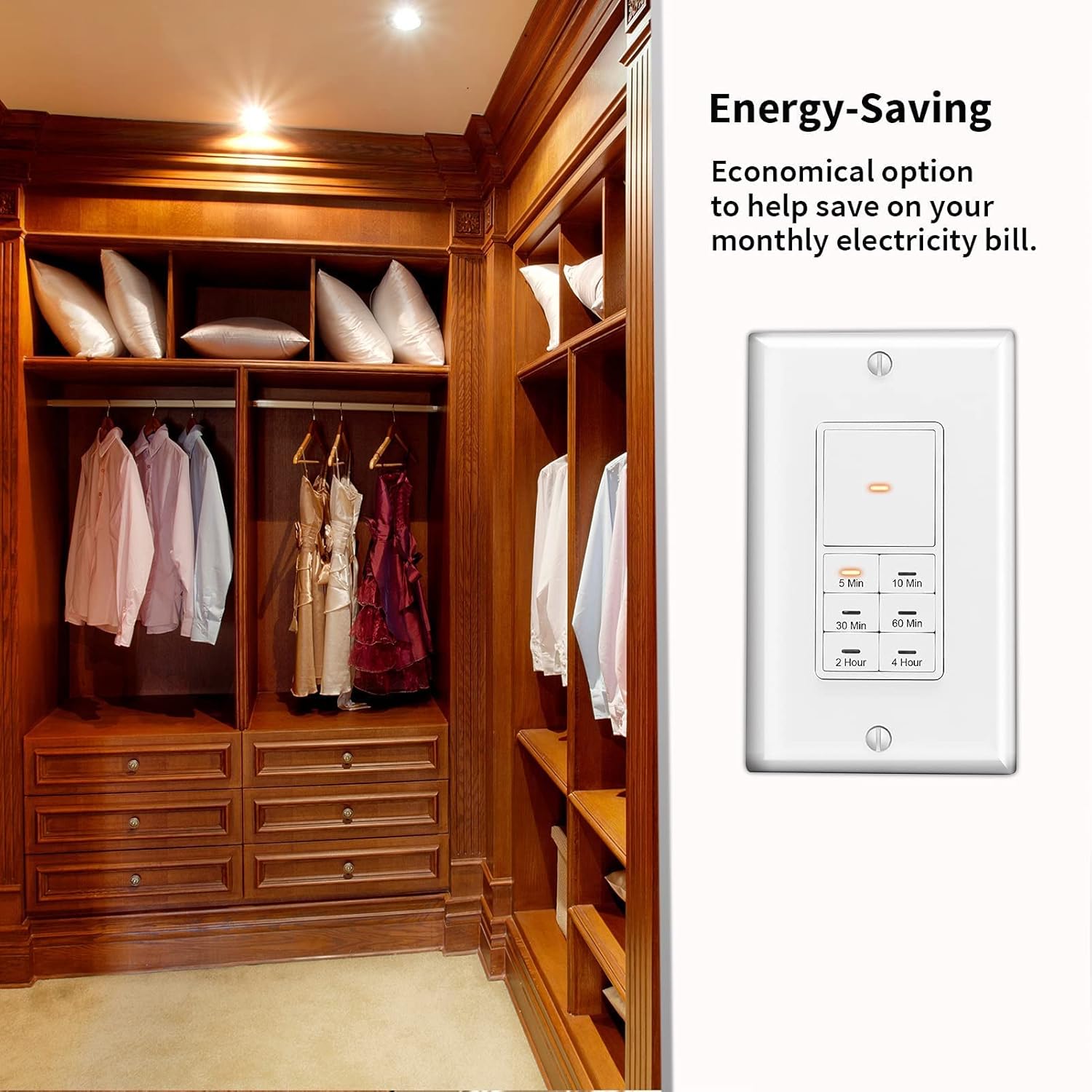 Minoston Countdown Timer Switch for Bathroom Fans and Lights, 5/10/30/60 min, 2/4 Hours, Wall Timer Switch, Neutral Wire Required, ETL & FCC Listed, 120VAC 60Hz, White (MT10N) - Image 9