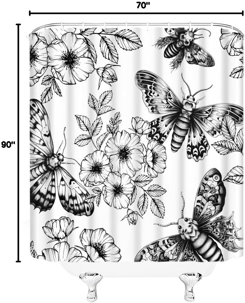 Gothic Moth Shower Curtain Skull Vintage Scary Black Flower Botany Leaves Mysterious Butterfly Art Bathroom Decor Fabric Curtains with Hook 90Wx70H Inches