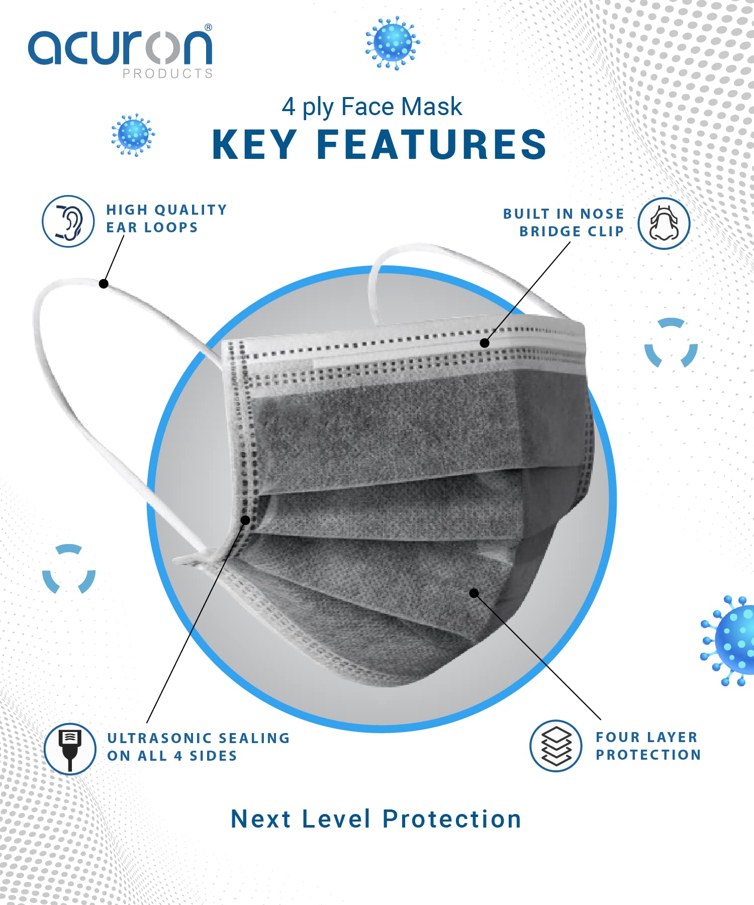 Acuron 4 Ply Ear Loop Style Disposable Face Masks With Built-in Nose Pin, Surgeon's Mask/Dust Mask | Soft Non-Woven Meltblown Layer Fabric Surgical Masks With Adjustable Nose Pin (Grey, Pack of 100)