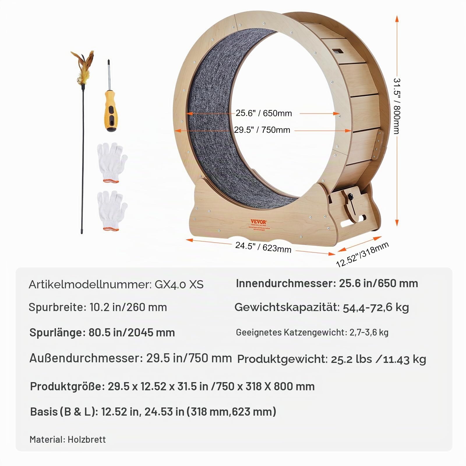 VEVOR Katzenlaufrad, 750 mm, Katzenlaufband für den Innenbereich, mit abnehmbarem Laufband, Katzen-Teaser zum Laufen, Gehen, Training, Laufrad Katzen, geeignet für die meisten Katzen bis zu 3,6 kg