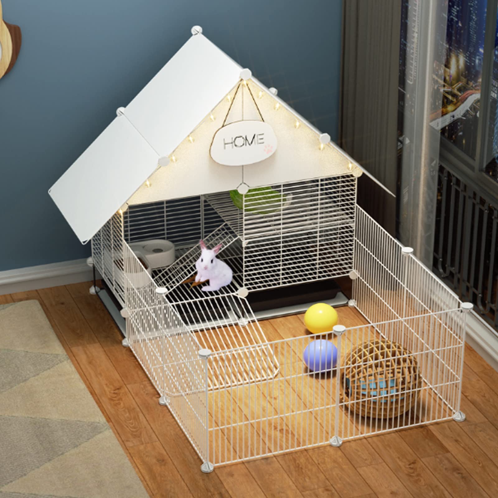 IDEAX 2-Story Rabbit Cage Indoor Bunny Hutch With 2 Deep Pull-Out Trays Small Animals Outdoor Pet House With Waterproof Roof For Ferret, Chinchilla, Hedgehog (Color : White, Size : 75 * 111 * 92cm)