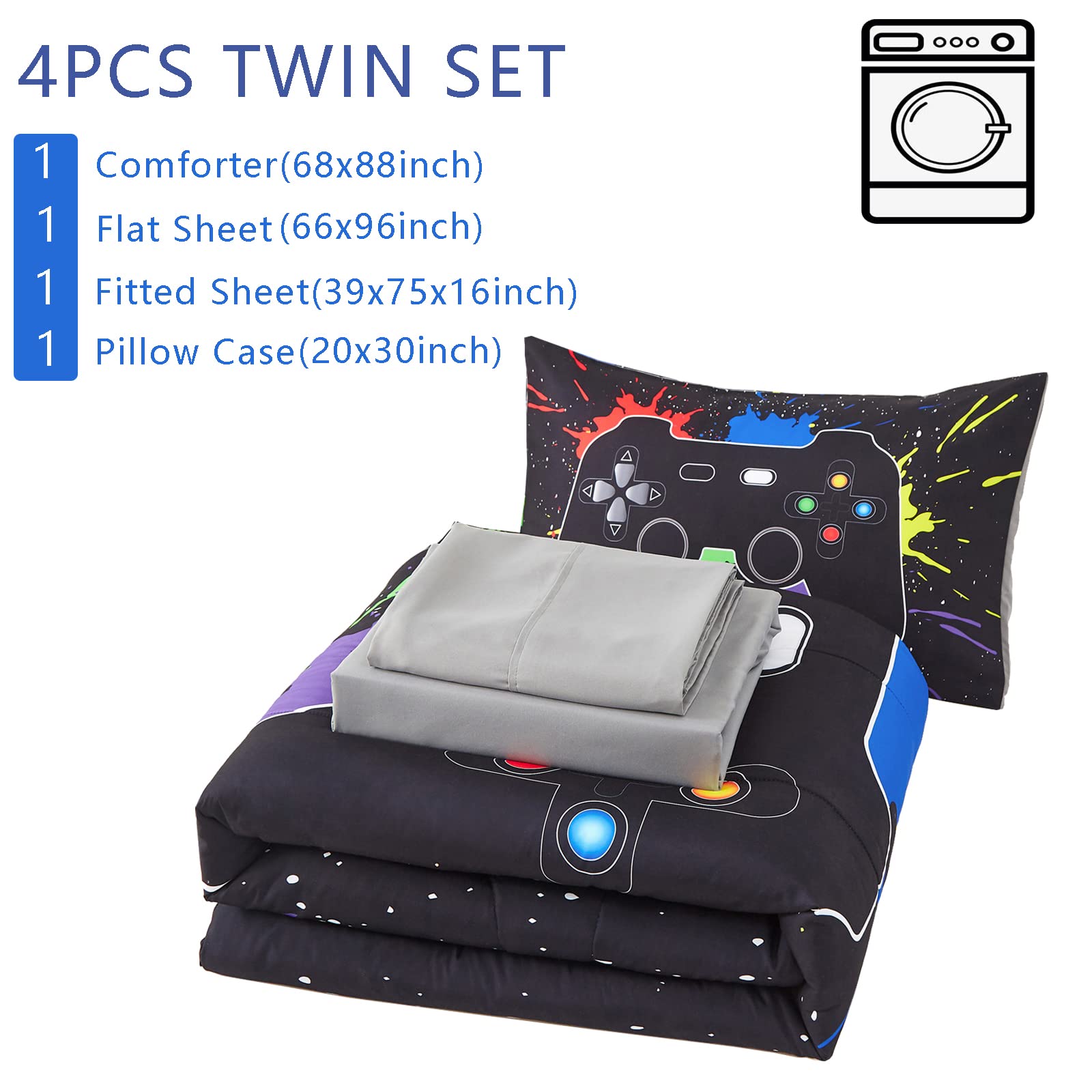 4 Piece Boys Twin Gamer Comforter Set with Sheets, 3D Colorful Video Game Controller Comforter for Kids Teen, All Season Soft Microfiber Gaming Bedding Set(Black,Twin) 1
